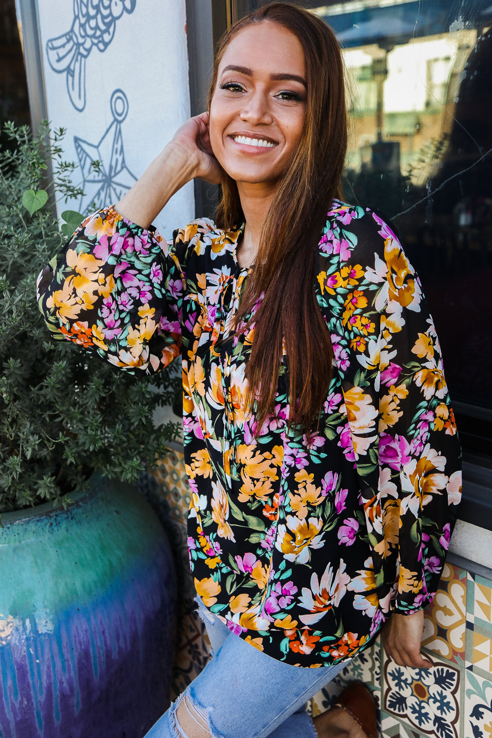 Boho Floral Print Long Sleeve Blouse - Women's Notch Neck Tie Front Tunic Top for Casual Outings, Date Nights & Spring Fashion | Plus Size Options Available