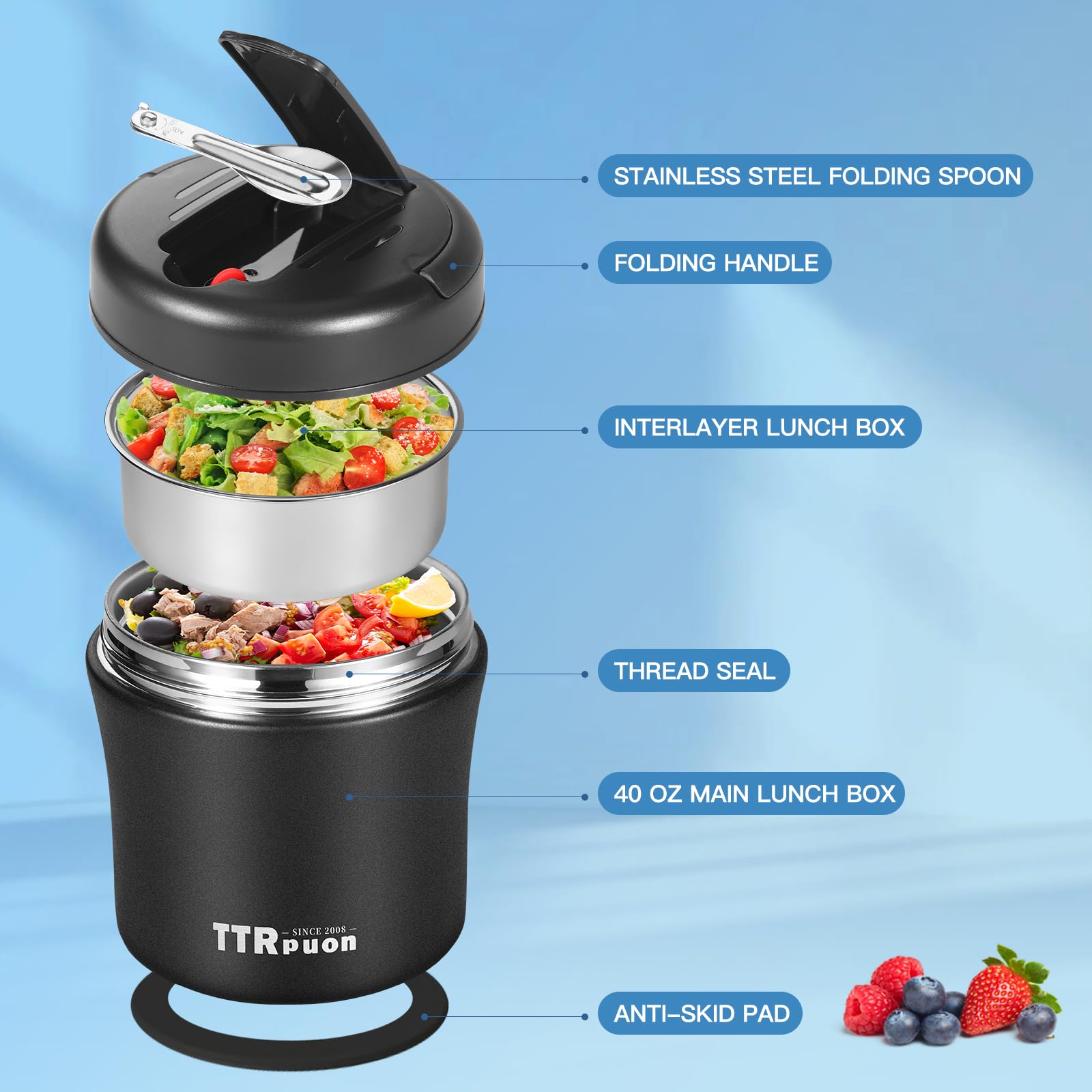 40oz Stainless Steel Insulated Food Container - Wide Mouth Thermos Jar for Hot Soup & Meals, Includes Folding Spoon & Handle (Black) | Perfect for Office Lunch, Picnics & Outdoor Activities