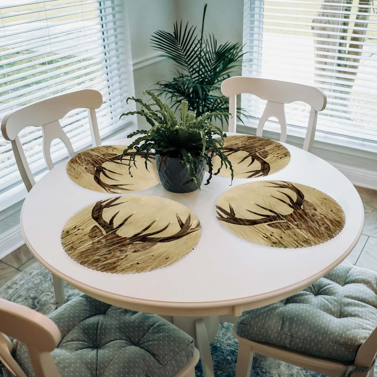 Round Heat-Resistant Washable Polyester Placemats Set of 4 - Wild Deer Antlers Design for Kitchen & Dining Table Decor | Perfect for Holiday Dinners, Family Gatherings, and Everyday Use