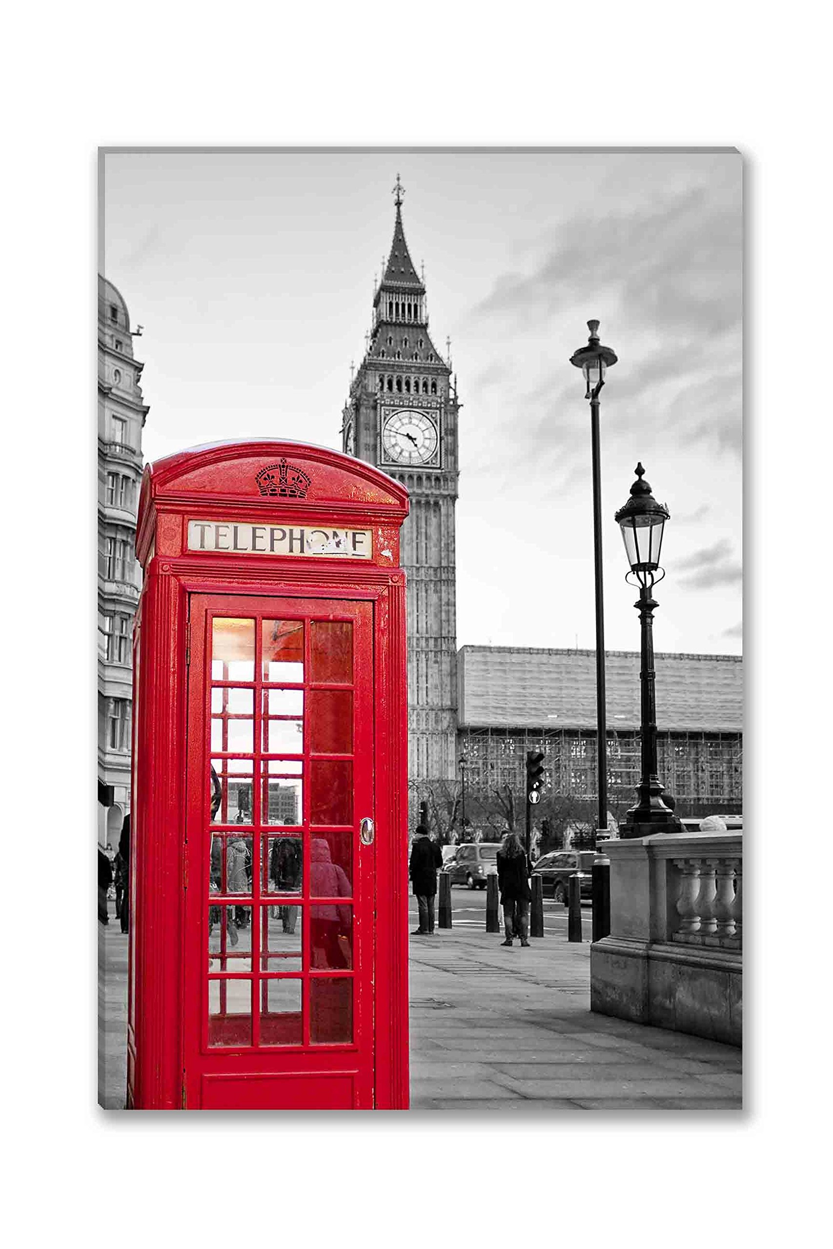 London Cityscape Wall Art - Traditional Red Phone Booth & Big Ben Black White Canvas Print | Vintage UK Decor for Living Room, Office & Modern Home