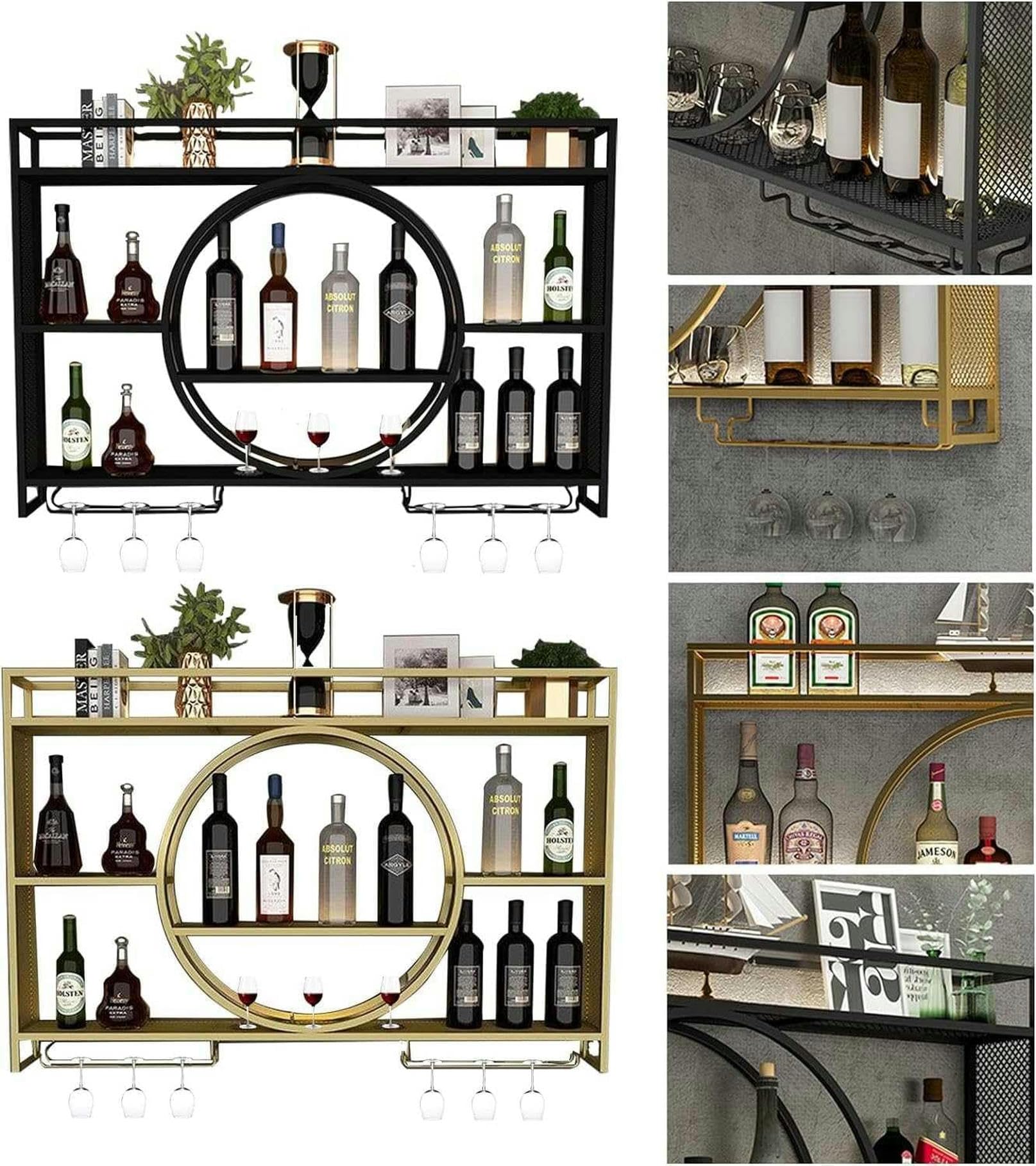 GLJTUO Wall Mounted Wine Rack - Black Metal Floating Shelf with LED Light for Bar, Restaurant & Home Decor - 140cm Bottle Holder for Wine Storage & Display