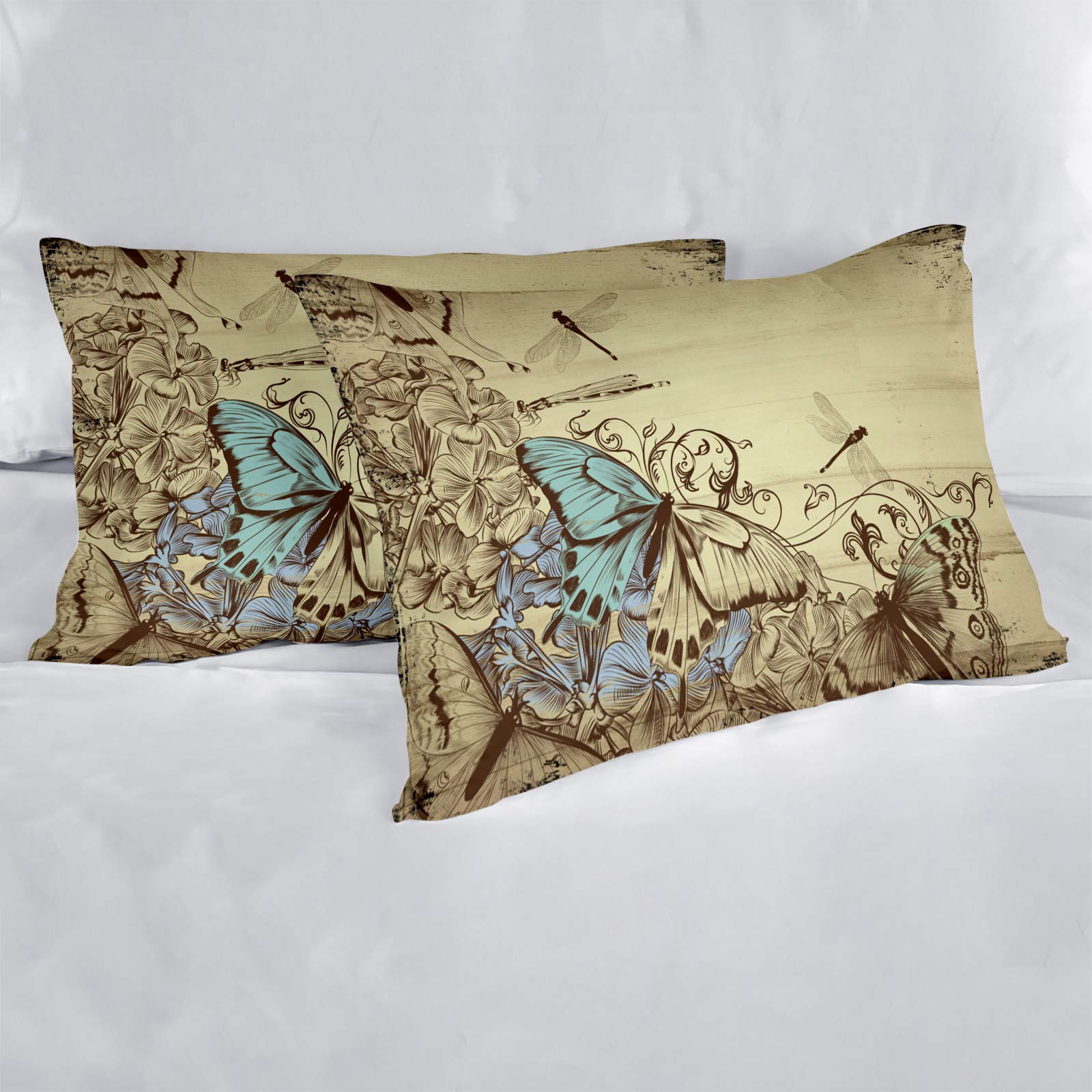 4 Piece King Size Duvet Cover Set - Abstract Butterfly & Dragonfly Design on Rustic Wood Grain, Luxury Soft Bedding Comforter Cover with 1 Duvet Cover, 1 Fitted Sheet & 2 Pillowcases - Perfect for Master Bedroom, Guest Room & Bohemian Home Decor