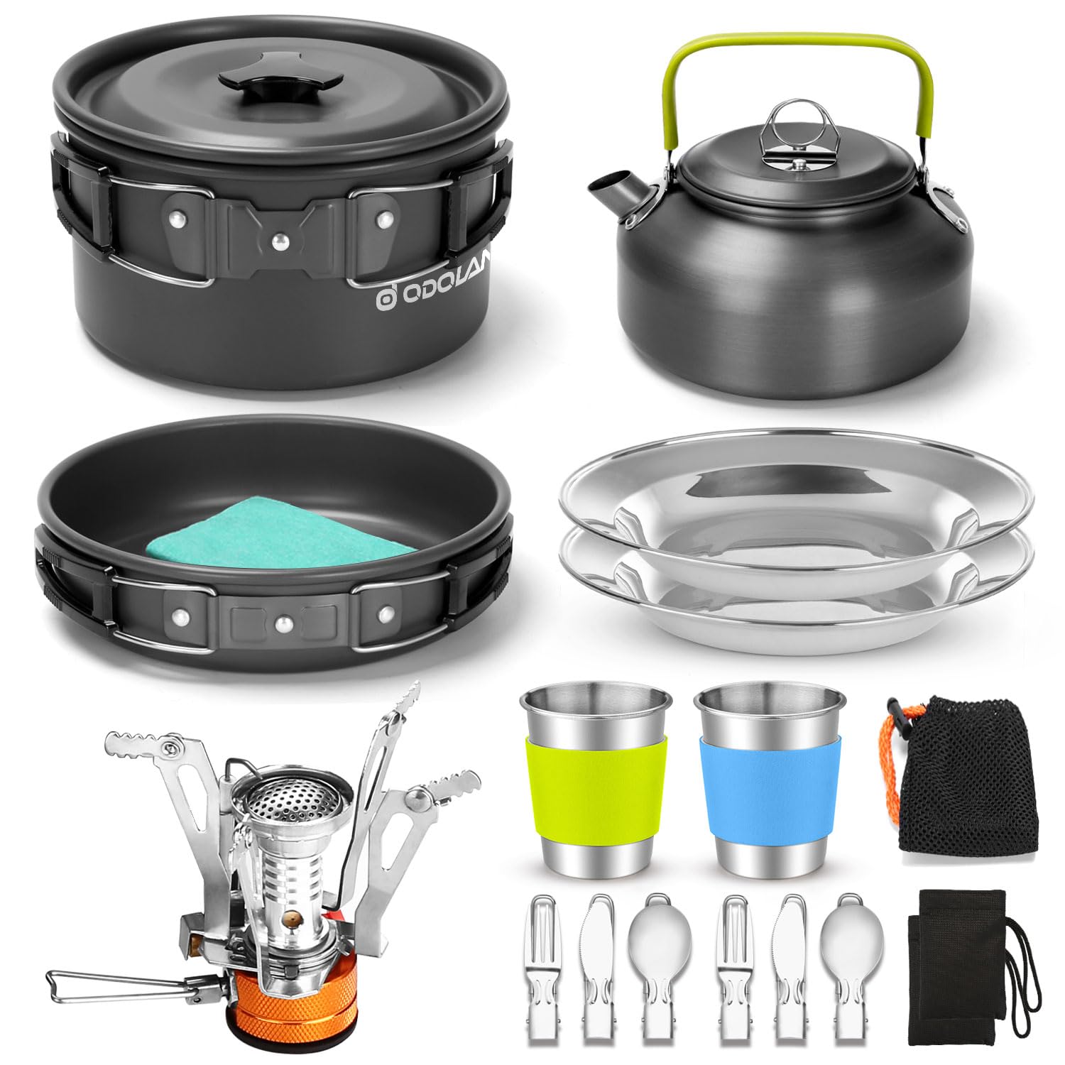 Odoland 16-Piece Camping Cookware Set - Lightweight Non-Stick Pot, Pan, Kettle, Stainless Steel Cups, Plates & Utensils for Backpacking, Hiking, Picnics & Outdoor Cooking | Compact Mess Kit with Portable Camping Stove | Perfect for Campers, RV Trips & Emergency Preparedness