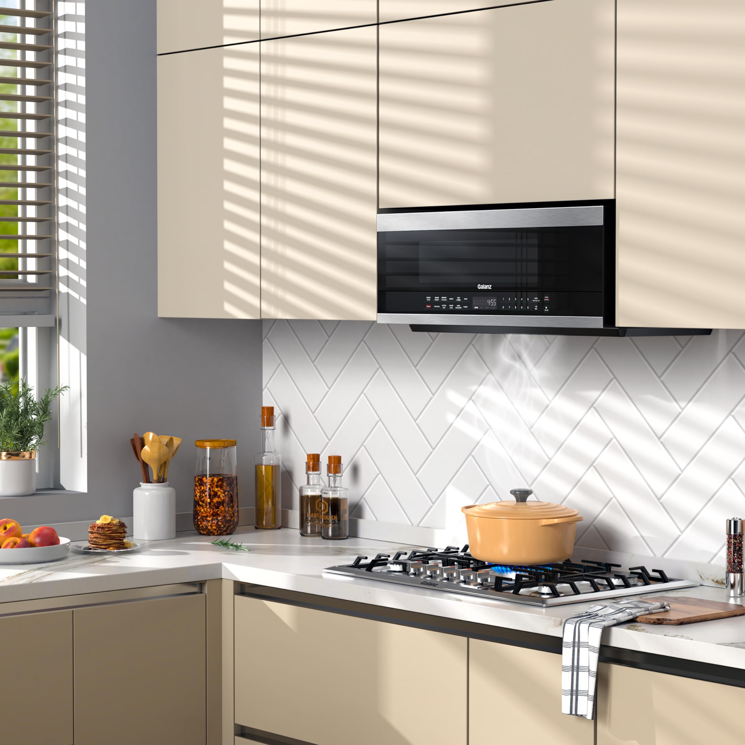 Galanz GLOMJK12S2SWN10 Low Profile Over The Range Microwave Hood Combo with Steam & Sensor Cooking - 1.2 Cu Ft Stainless Steel - 11 Power Levels - Perfect for Small Kitchens & Apartments