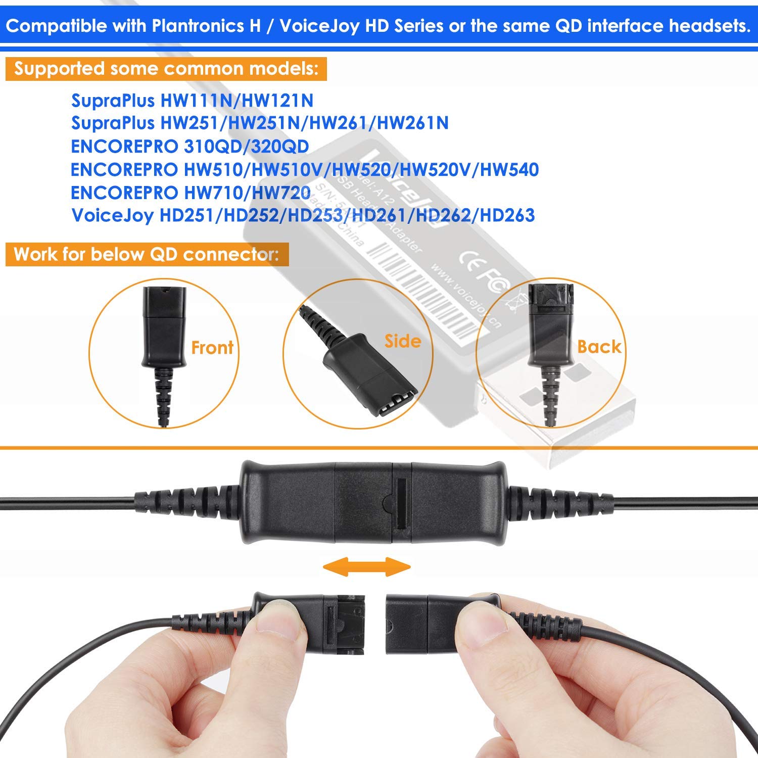 VoiceJoy Call Center Headset Quick Disconnect QD Cable to USB Plug Adapter - Compatible with Plantronics QD Connector for Computer & Laptop - Perfect for Remote Work & Customer Service Calls