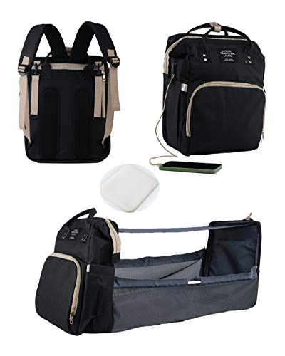 5 in 1 Diaper Bag Backpack with Foldable Baby Bed & Changing Station - Waterproof Travel Bassinet Bag with USB Charging Port - Portable Baby Crib for Newborns & Toddlers (Black) - Perfect for Travel, Outings & Nursery Use