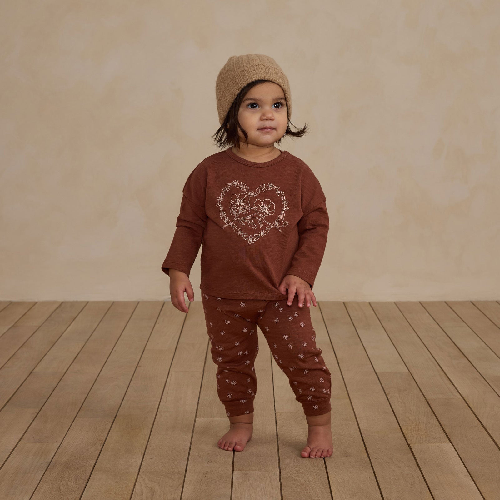 Long Sleeve Tee & Pant Set for Women - Posey Heart Print in Brick Red | Cute Matching Outfit for Casual Wear, Family Photos & Holiday Outfits | FINAL SALE
