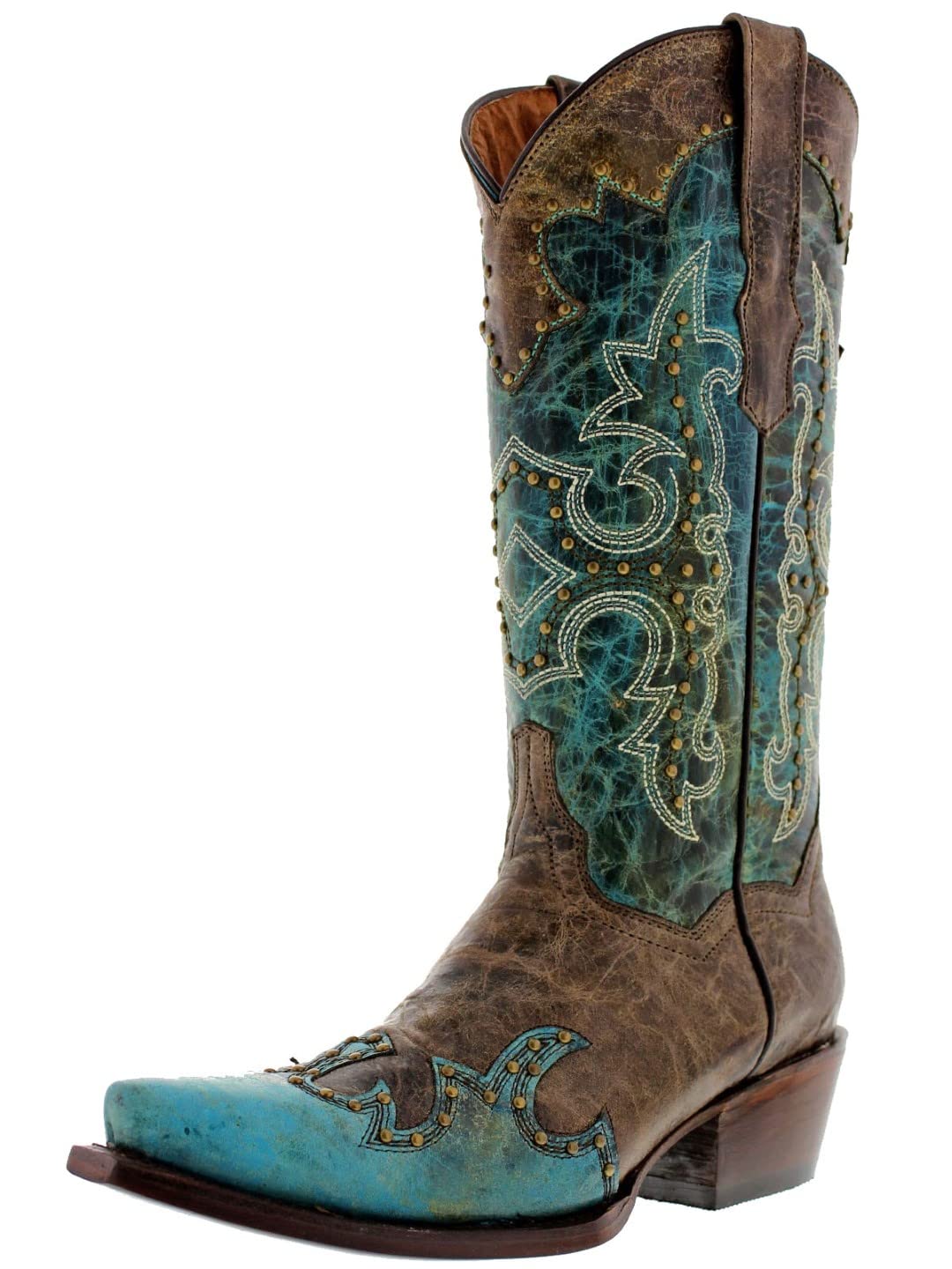 Women's Katy Baby Turquoise Western Leather Cowboy Boots with Studded Snip Toe - Perfect for Country Music Festivals, Rodeos & Western Fashion Outfits