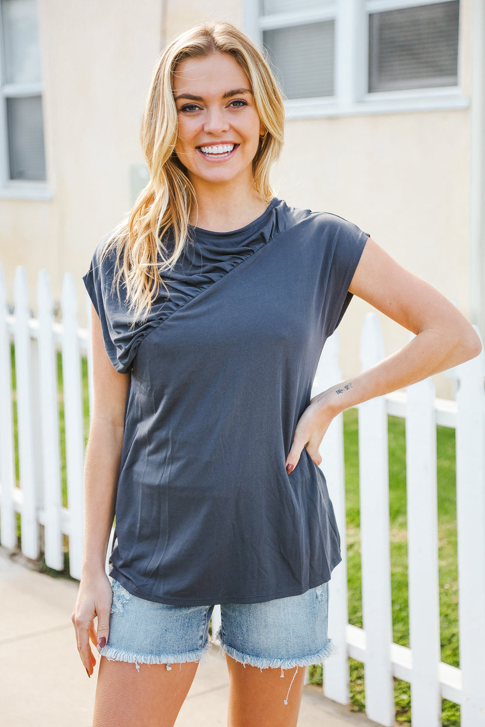 Stylish Charcoal Asymmetrical Drop Shoulder Modal Top - Comfortable & Trendy Women's Blouse for Casual Outings & Date Nights