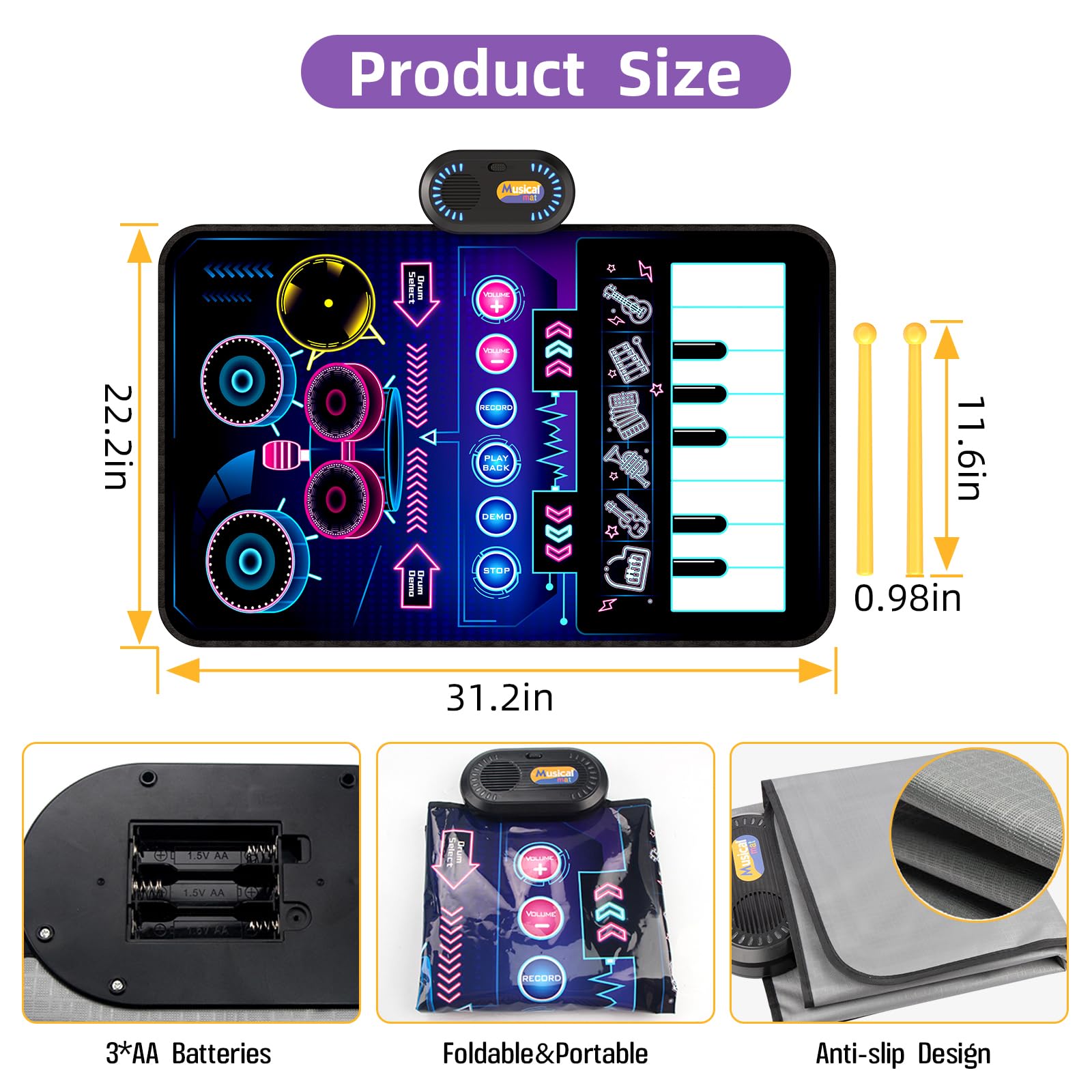 Baby Piano Mat Toy - 2-in-1 Musical Keyboard & Drum Set for Toddlers 1-3 | Perfect Gift for 1 Year Old Boys & Girls | Playtime & Learning Fun