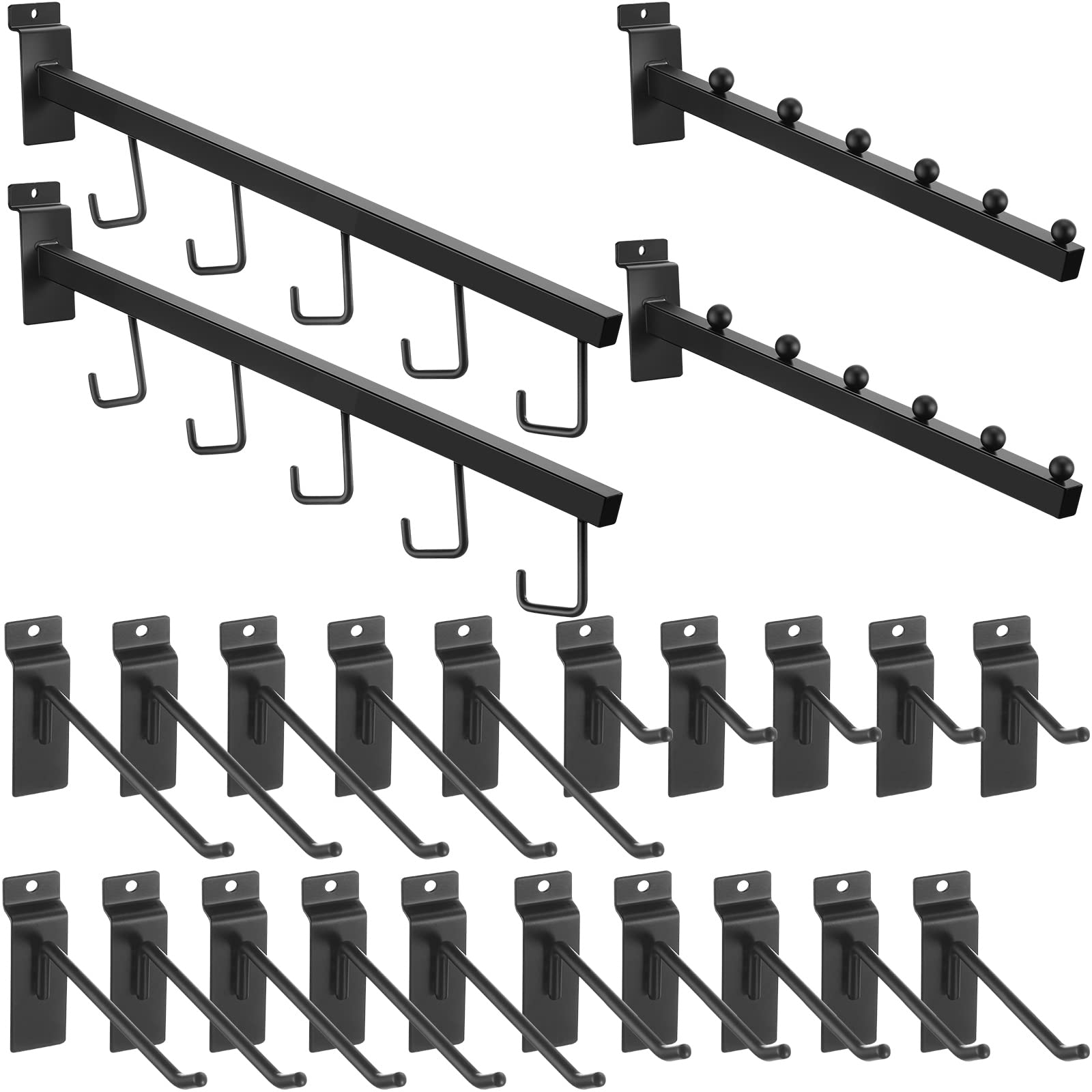 24-Piece Slatwall Accessories Kit - 2 Waterfall Hangers, 2 Six-Ball Hooks & 20 Heavy-Duty Hooks for Retail Store Displays & Wall Organization (Black) - Perfect for Clothing Stores, Boutiques & Home Organization