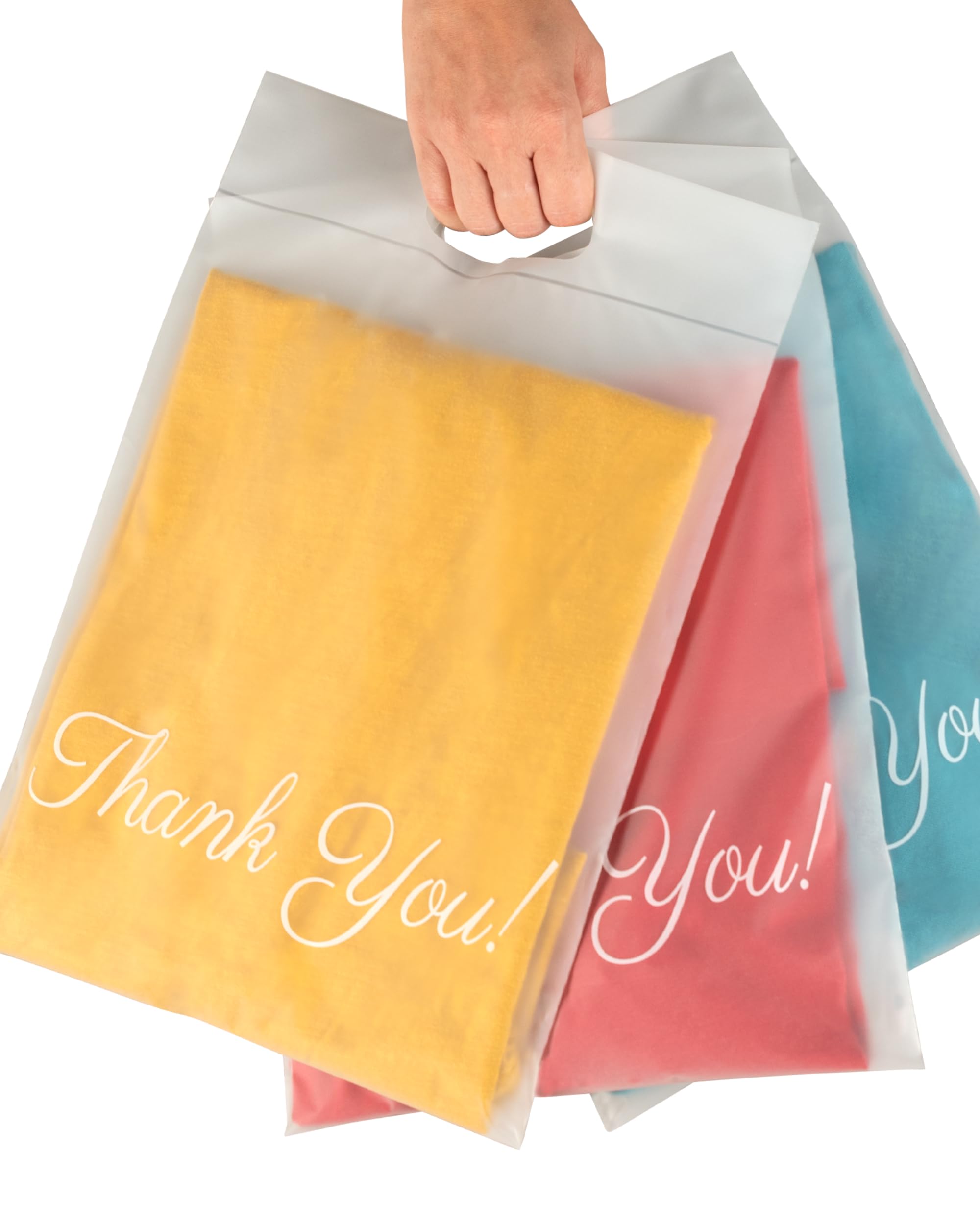 10x13 Frosted T-Shirt Bags - 100 Pack Durable Handle Shipping Bags for Clothes, Small Business & Ecommerce | Perfect for Retail Packaging, Online Orders & Thank You Gifts