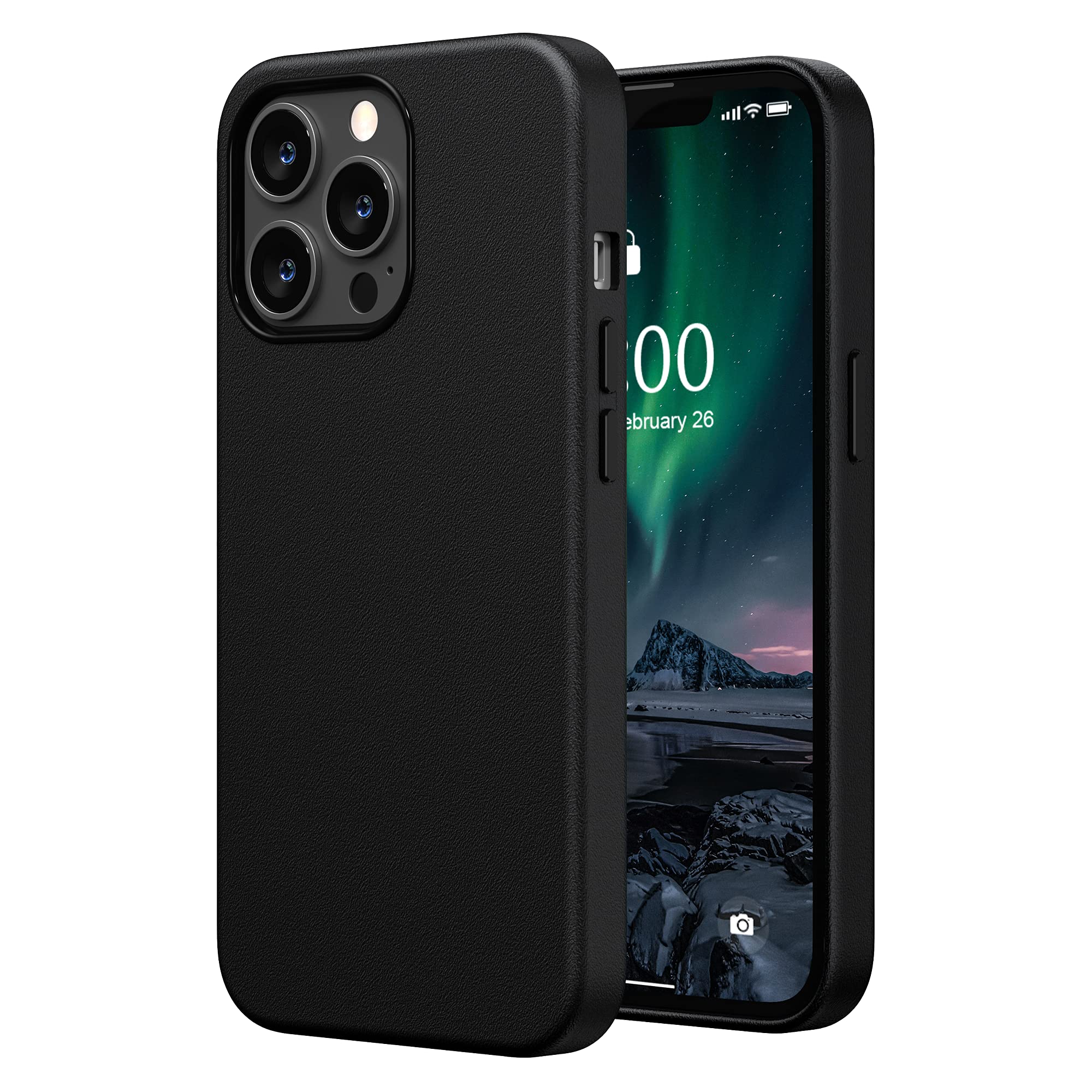 Premium Faux Leather iPhone 13 Pro Case (6.1 inch 2021) - SURPHY Slim Protective Cover with Metallic Buttons & Microfiber Lining | Perfect for Work, Travel & Everyday Use - Black