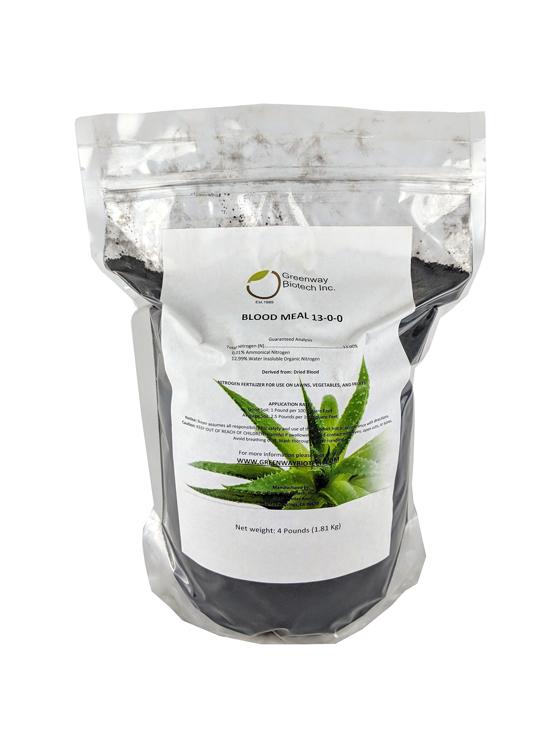 Greenway Biotech Blood Meal 13-0-0 Organic Nitrogen Fertilizer for Flowers, Fruits, Vegetables & Plants - 4lb Plant Food for Home Gardening, Lawn & Indoor Plants - Promotes Lush Growth & Healthy Soil