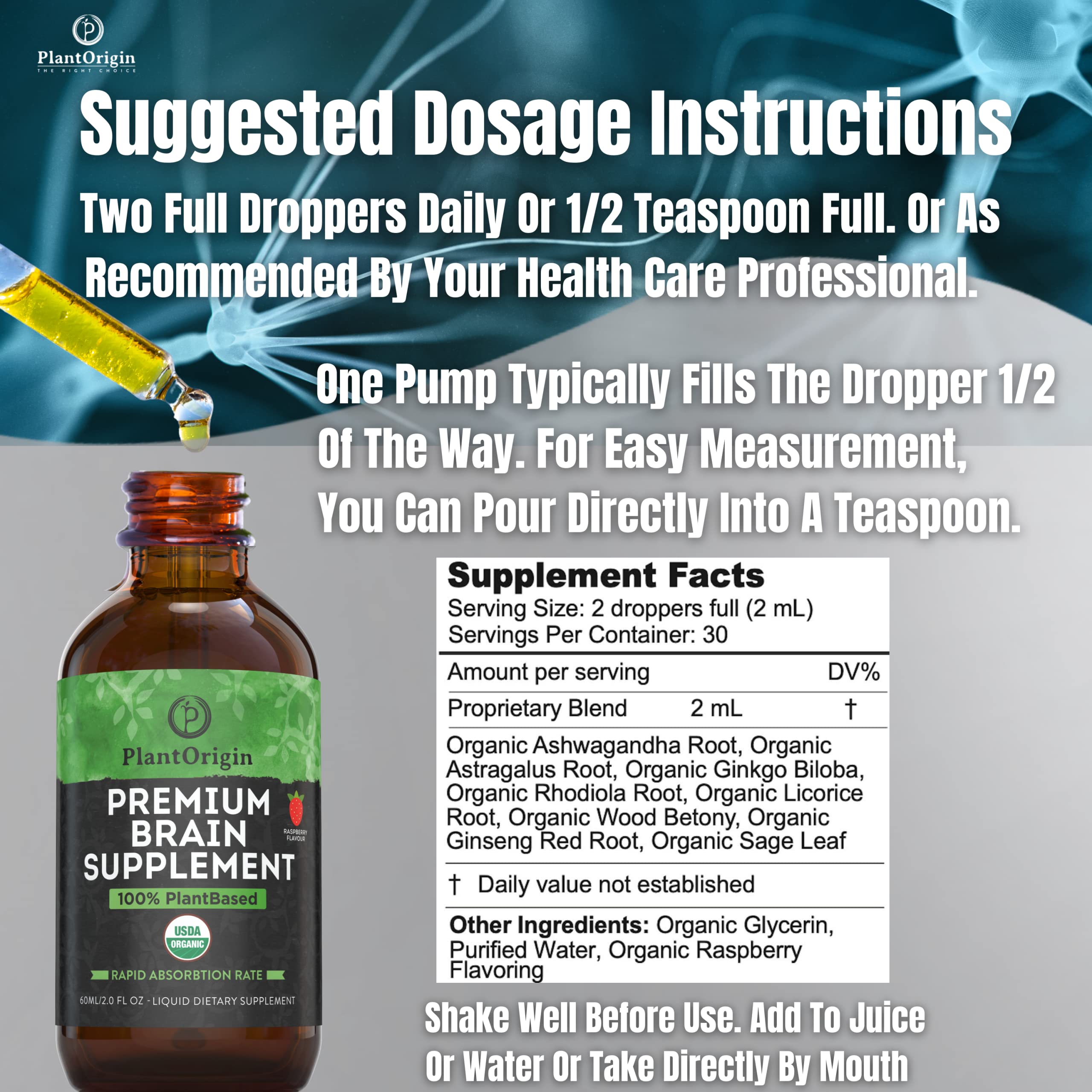 Premium Brain Nootropic Drops for Memory, Focus & Concentration | Organic Ashwagandha, Ginseng & Ginkgo Biloba Supplement | USDA Certified, Vegan, Non-GMO, Gluten-Free | 30 Servings (2oz) | Boost Cognitive Performance for Studying, Work & Mental Clarity