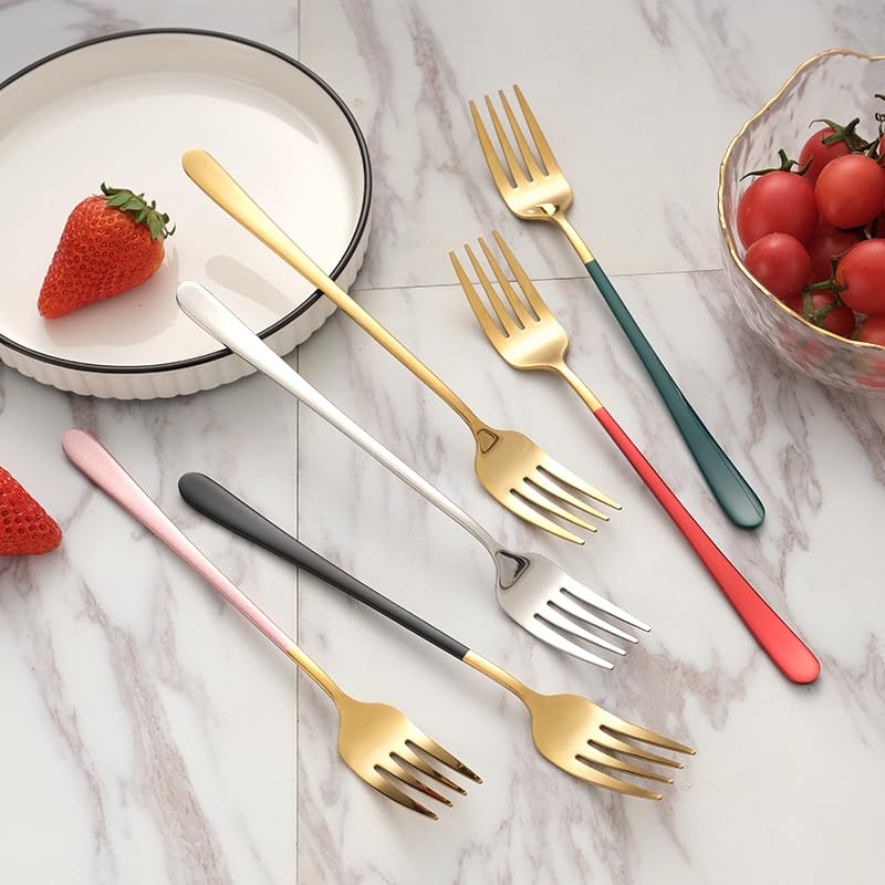 Stainless Steel Long Handle Forks Set - 6-Piece Pink Gold Fruit Forks, Dinner Forks, Salad Forks for Camping, Bento, Restaurant & Kitchen Cutlery Accessories - Perfect for Picnics, Parties & Outdoor Dining