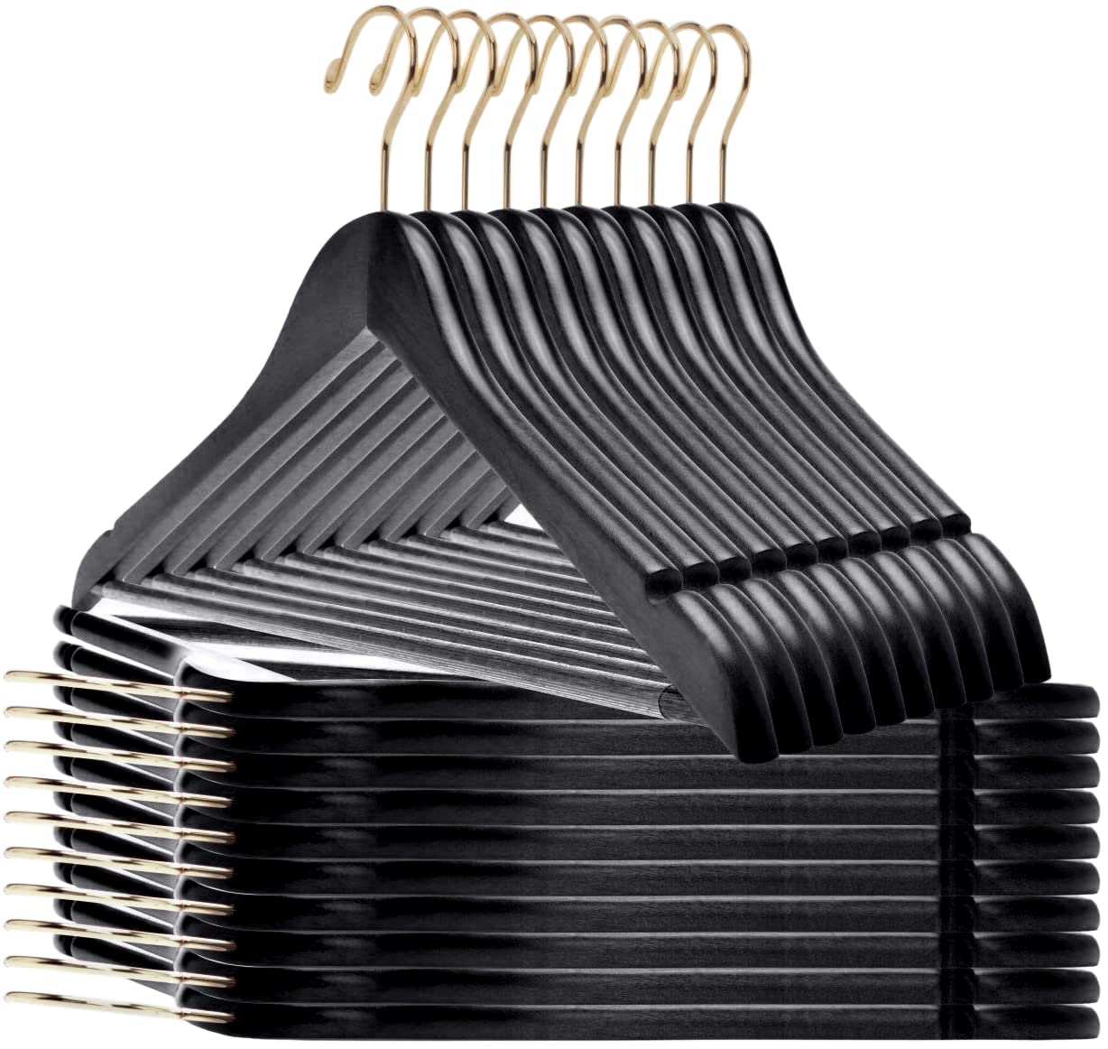 Premium Black Wooden Hangers - 80-Pack Slightly Curved Solid Wood Coat Hangers with Chrome Hooks - Heavy Duty for Clothes, Jackets, Shirts, Pants & Suits - Ideal for Closet Organization, Retail Stores & Luxury Garment Display (Black with Gold Hook, 80)