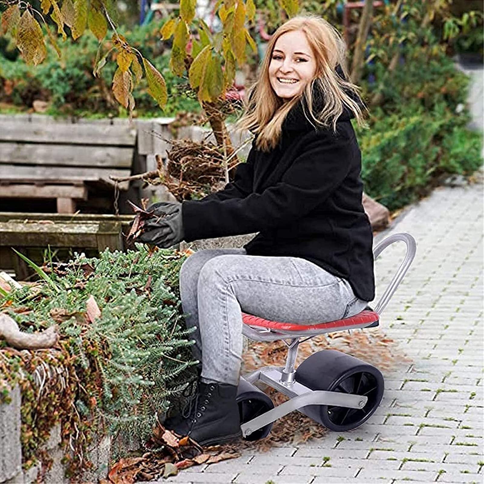 Adjustable Height Rolling Garden Seat with Swivel & Mobile Backrest - Ergonomic Gardening Chair for Planting, Picking, Weeding - Perfect for Outdoor Work, Greenhouse Use & Backyard Landscaping