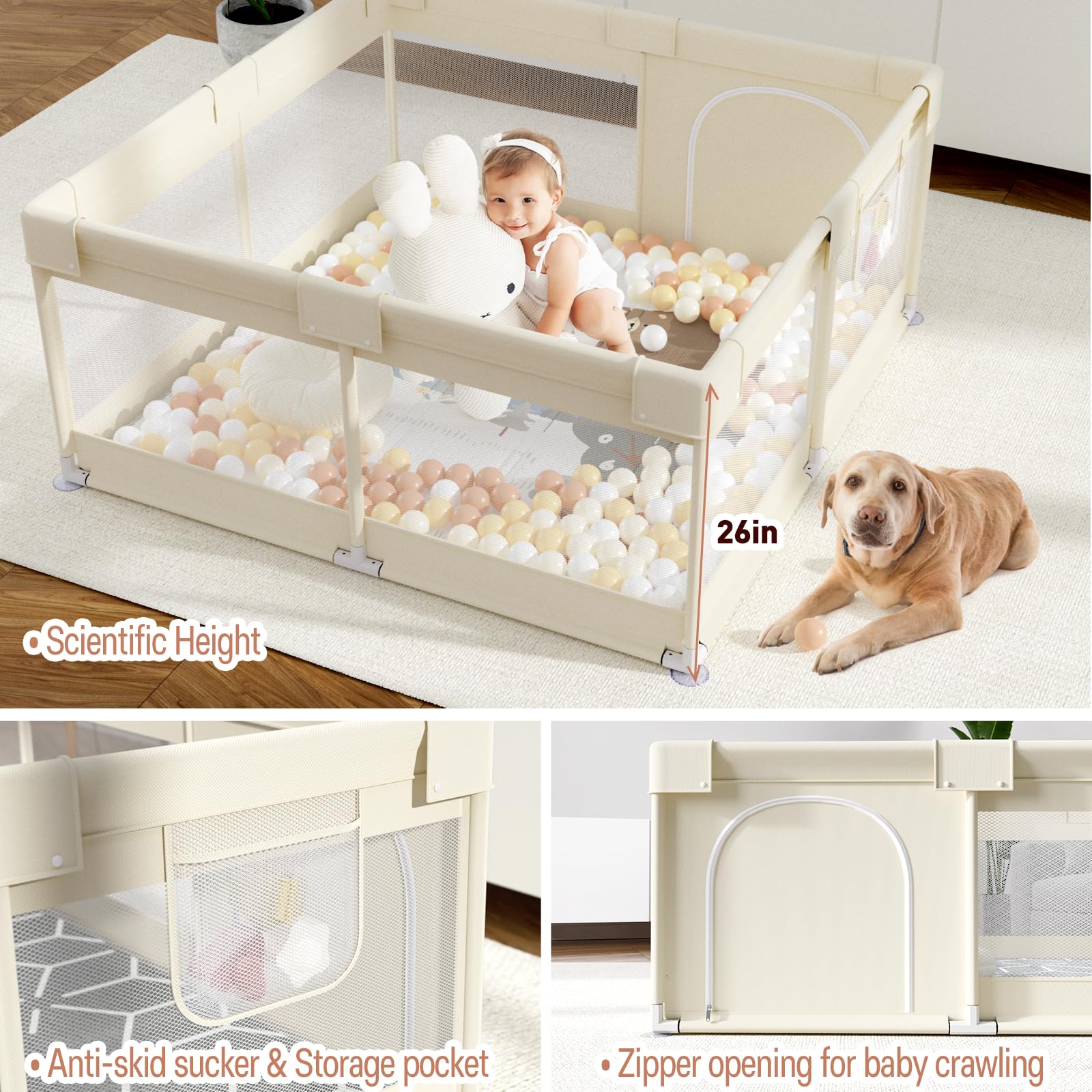 Fodoss Baby Playpen with Soft Mat - 47x47 Inch Portable Play Yard for Infants & Toddlers - Safe Play Area for Small Spaces, Apartments & Indoor Use - Beige Activity Center for Crawling & Playtime