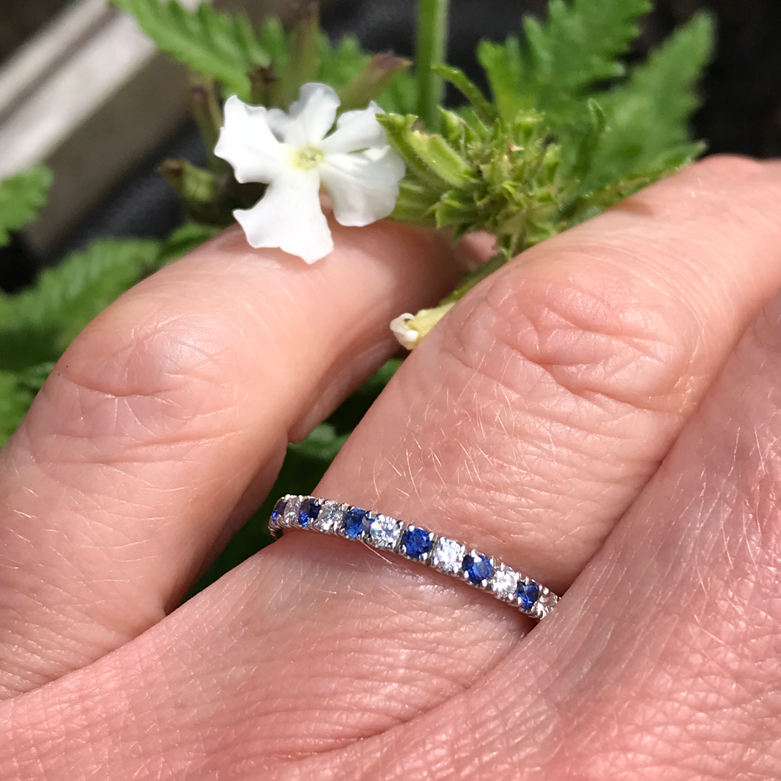 18ct White Gold Diamond and Blue Sapphire Half Eternity Ring - Elegant Wedding Band, Anniversary Gift for Her, Perfect for Bridal Jewelry & Special Occasions