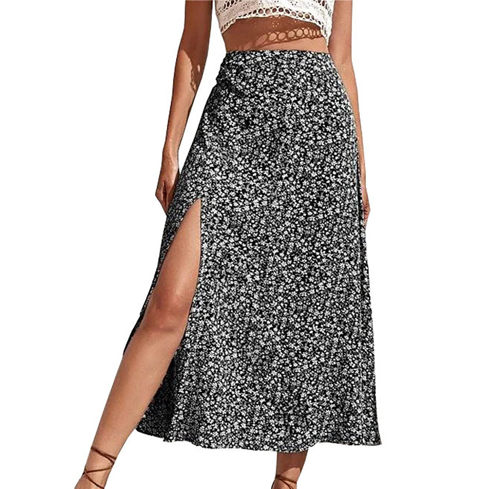 Women's Floral Print High Waist Midi Skirt with Side Slit - A-Line Swing Summer Skirt for Beach, Vacation & Casual Wear