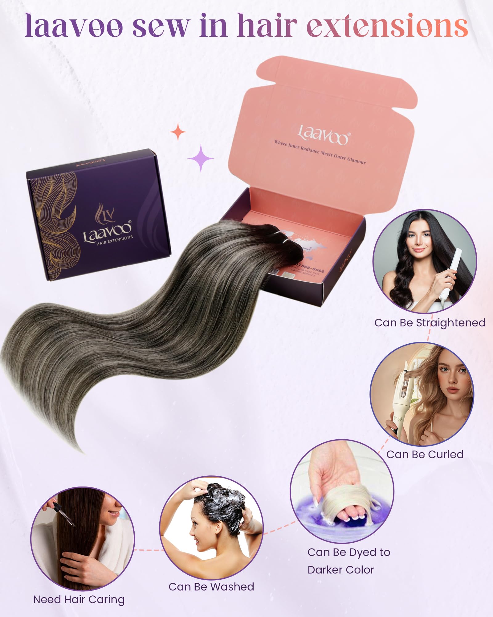 LaaVoo 24 Inch Black Ombre to Silver Grey Human Hair Weft Extensions 100g - Sew in Natural Hair Extensions for Styling & Volume - Perfect for Parties, Weddings & Everyday Wear