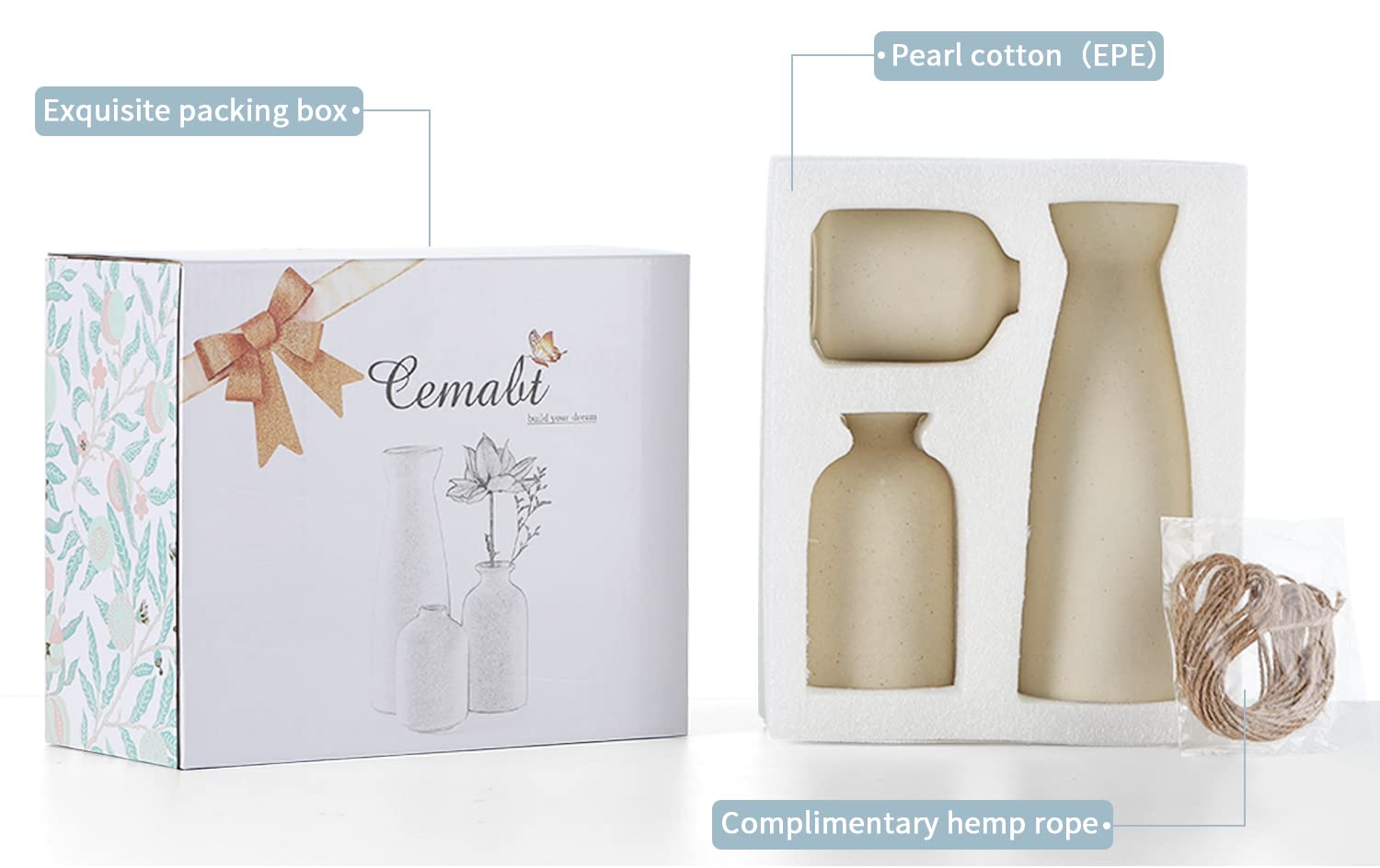 CEMABT Beige Ceramic Vase Set of 3 - Small Modern Boho Farmhouse Flower Vases for Home Decor, Perfect for Pampas Grass & Dried Flowers - Ideal for Shelf, Table, Bookshelf, Entryway and Living Room Decor - Distressed Finish