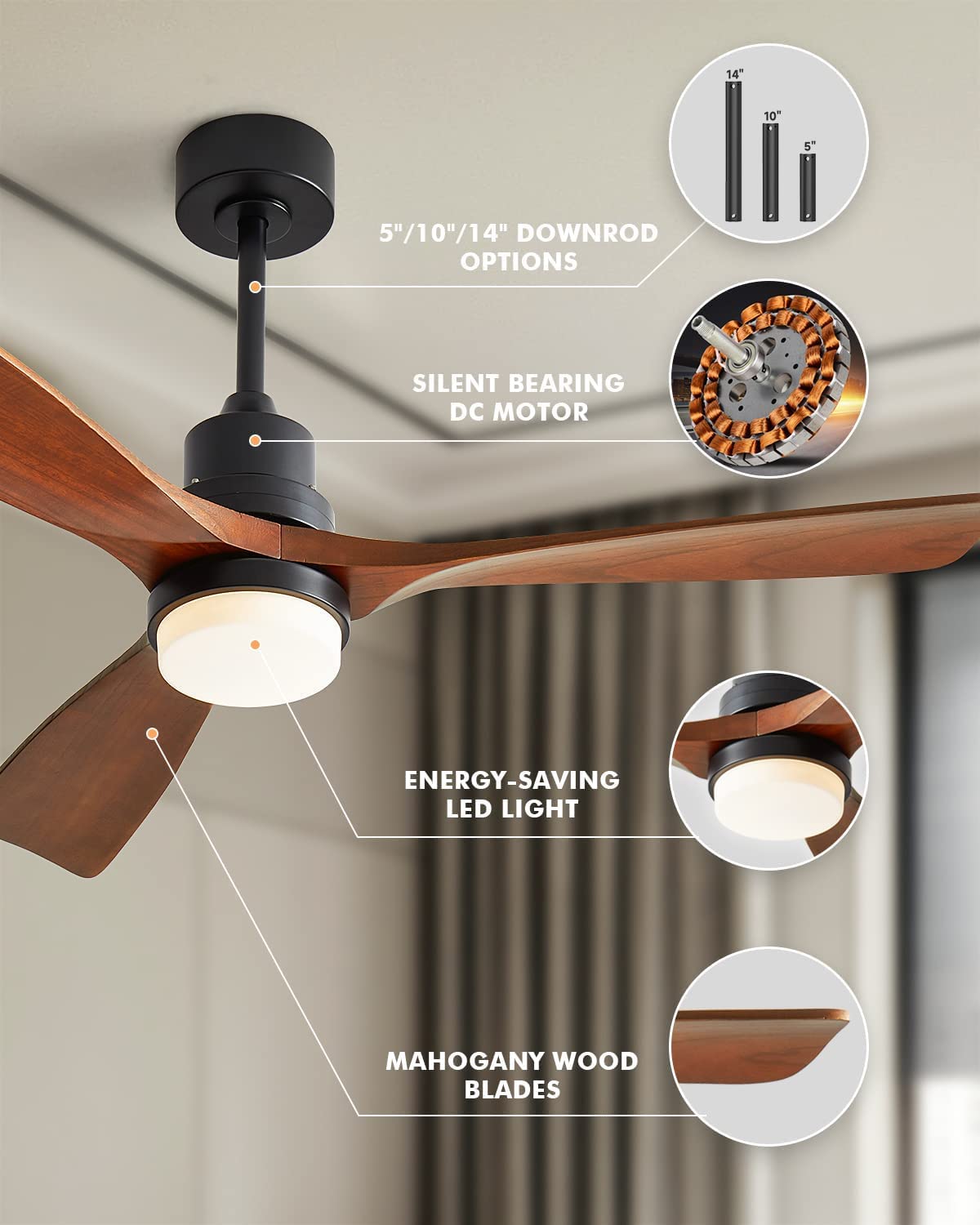 KEYRIFI 52 Inch Modern Ceiling Fan with LED Light, 3 Blades Wooden Reversible DC Motor, Remote Control - Ultra Quiet for Bedroom, Living Room, Office, Patio & Outdoor Use