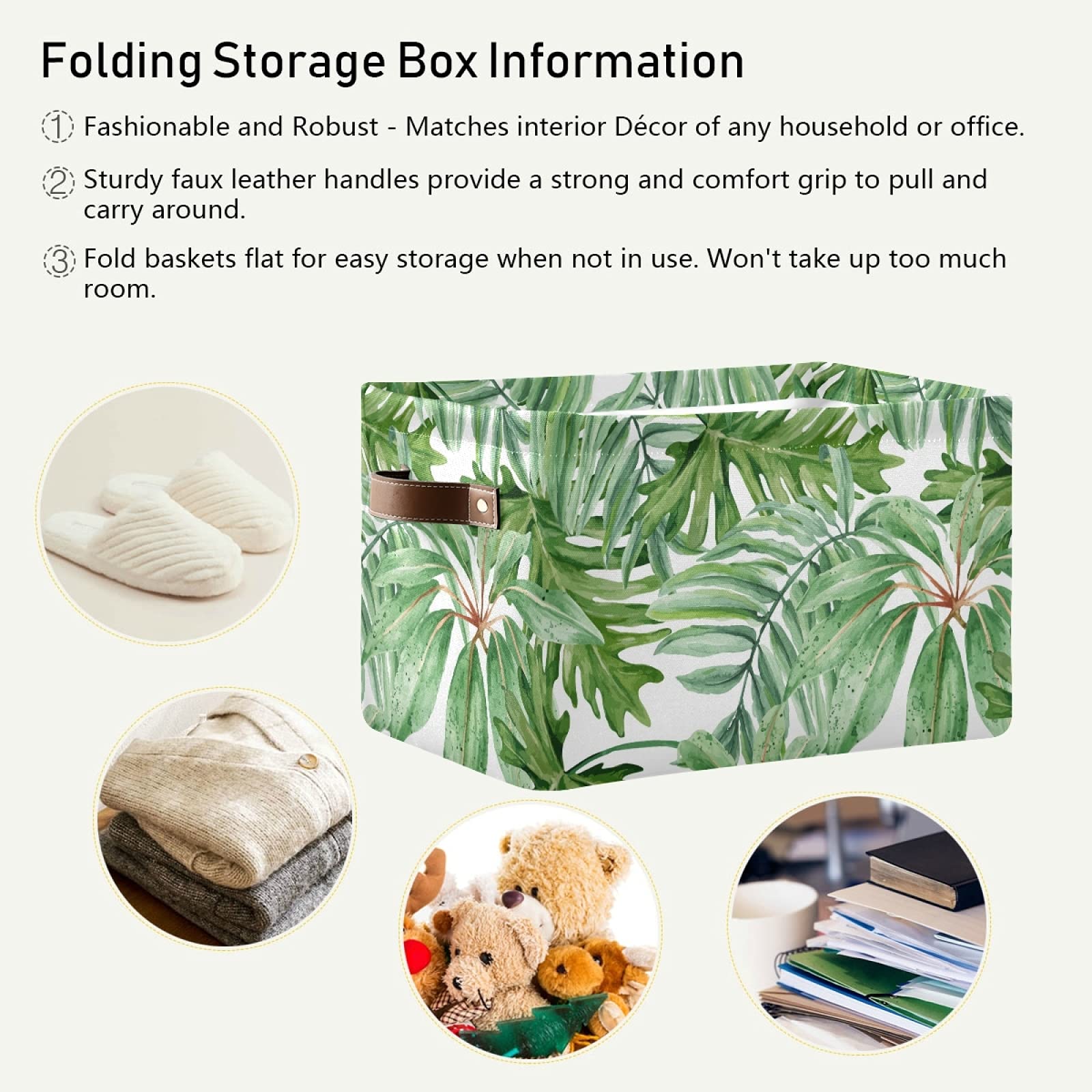 Susiyo Large Foldable Storage Bin - Green Tropical Leaves Fabric Collapsible Basket with PU Handles | Decorative Organizing Bin for Shelves, Closet, Bedroom & Living Room | Perfect for Home Organization, Laundry Storage & Toy Collection (1-Pack)