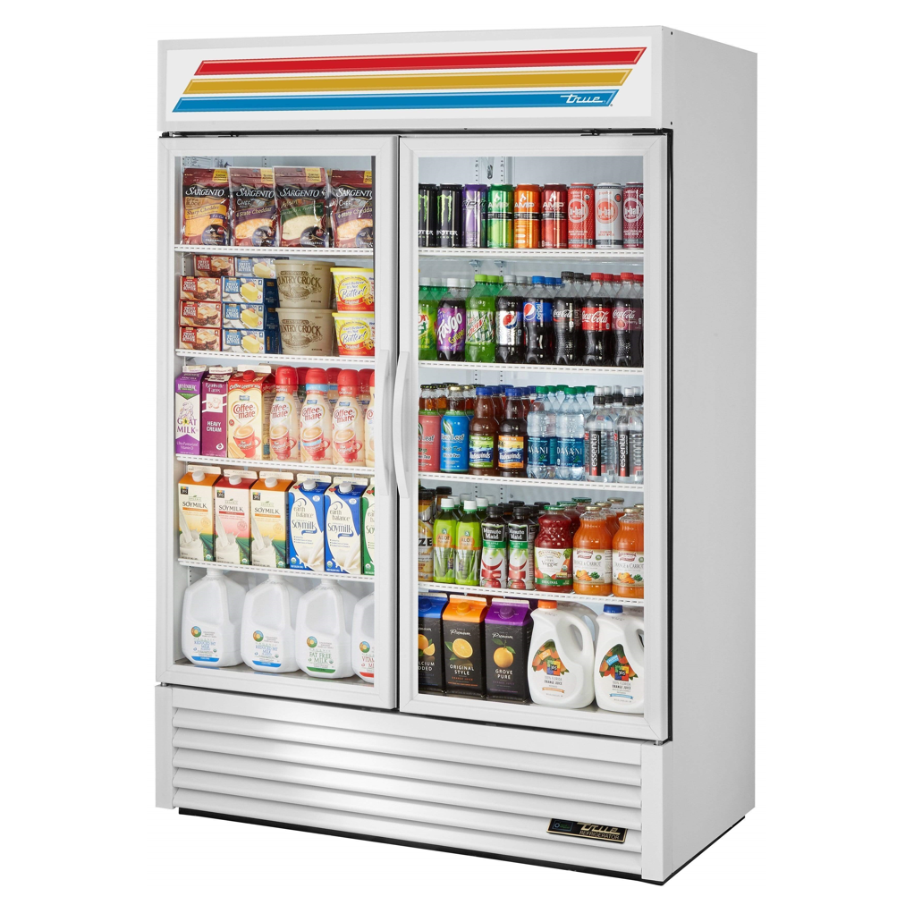 True 54 Merchandising Refrigerator - 2 Glass Door Commercial Fridge with White Exterior - Perfect for Restaurants, Cafes, and Convenience Stores