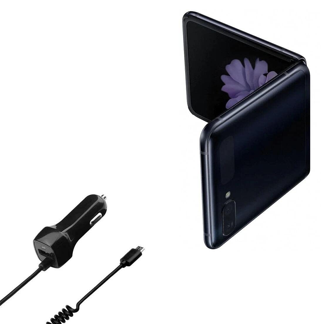 Samsung Galaxy Z Flip Car Charger with Extra USB Port & Built-in Cable - Fast Charging, Black - Perfect for Road Trips & Commuting