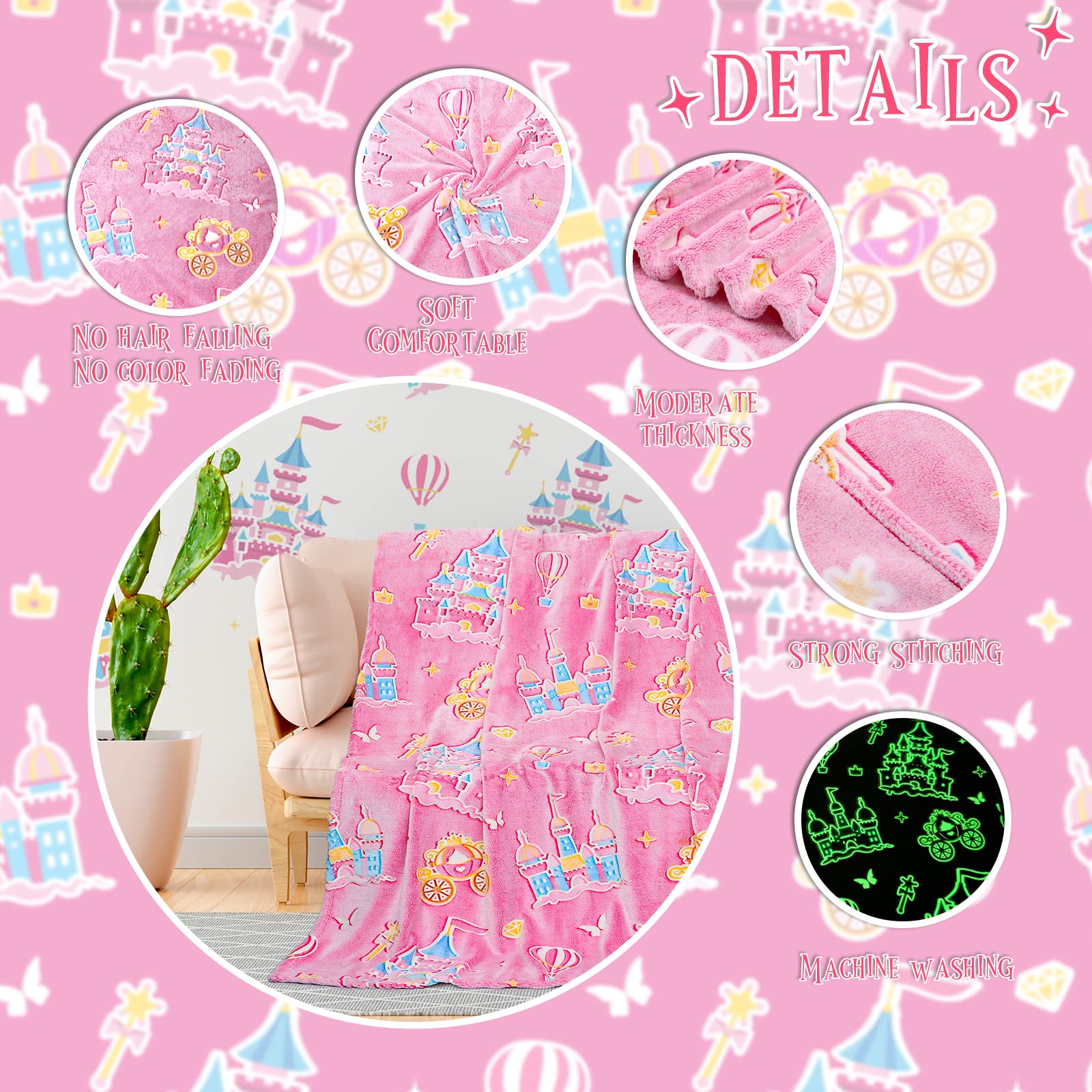 BORORO Princess Blanket for Girls - Glow in The Dark Pink Castle Blanket, Soft & Cozy Birthday Gift for Toddlers, Kids, Women | Perfect for Bedtime, Movie Nights & Princess-Themed Parties
