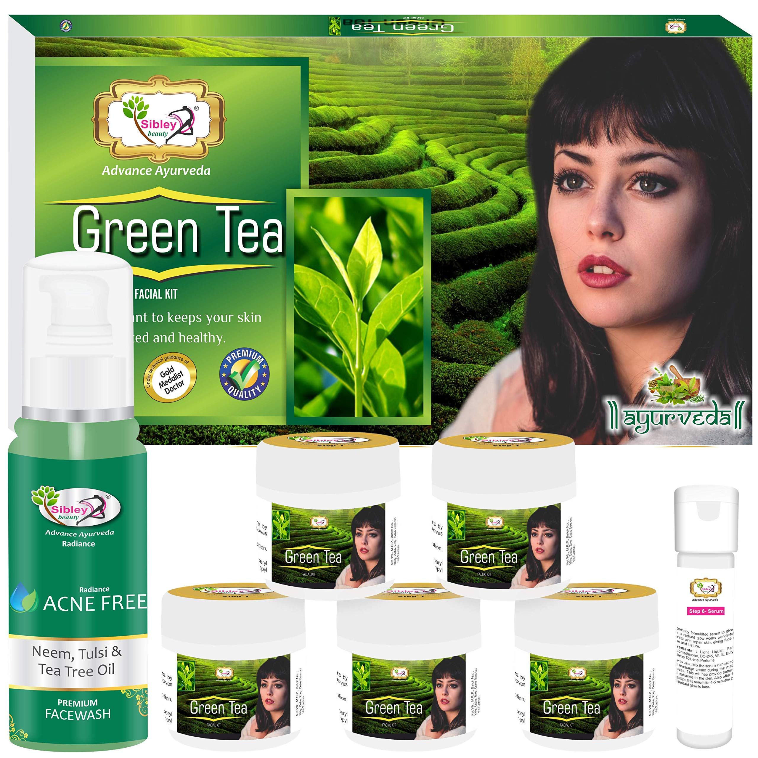 Sibley Beauty Facial Kit - Green Tea Anti-Aging Facial Kit (155g + 10ml) 6-Pack with Neem Tulsi Tea Tree Oil Acne Face Wash (100ml) - For Men & Women with Oily, Normal & Dry Skin - Daily Skincare Routine & Acne Treatment