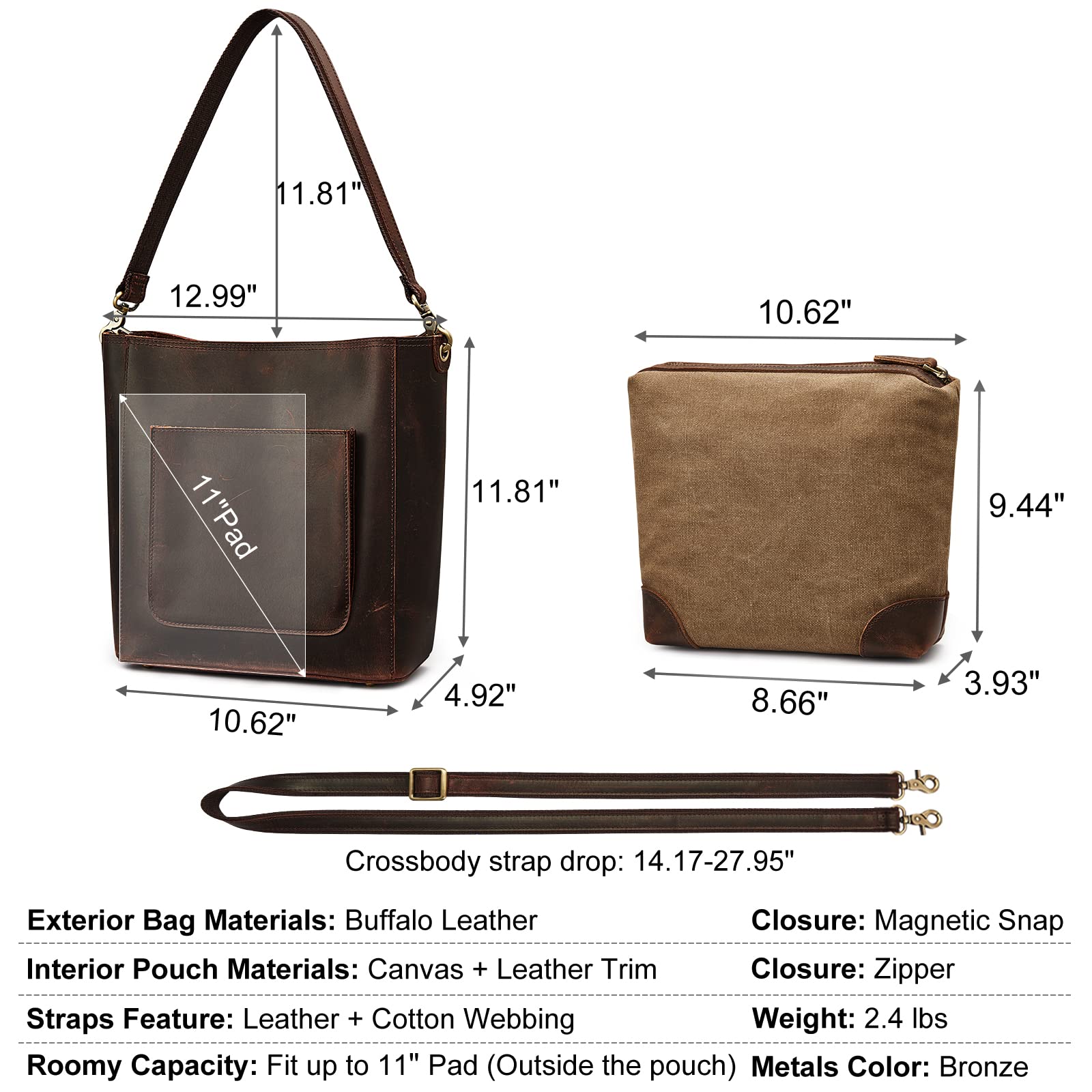 S-ZONE Genuine Leather Tote Bag for Women with Matching Distressed Shoulder Bucket Purse - Stylish Handbag Set for Work, Travel & Everyday Use