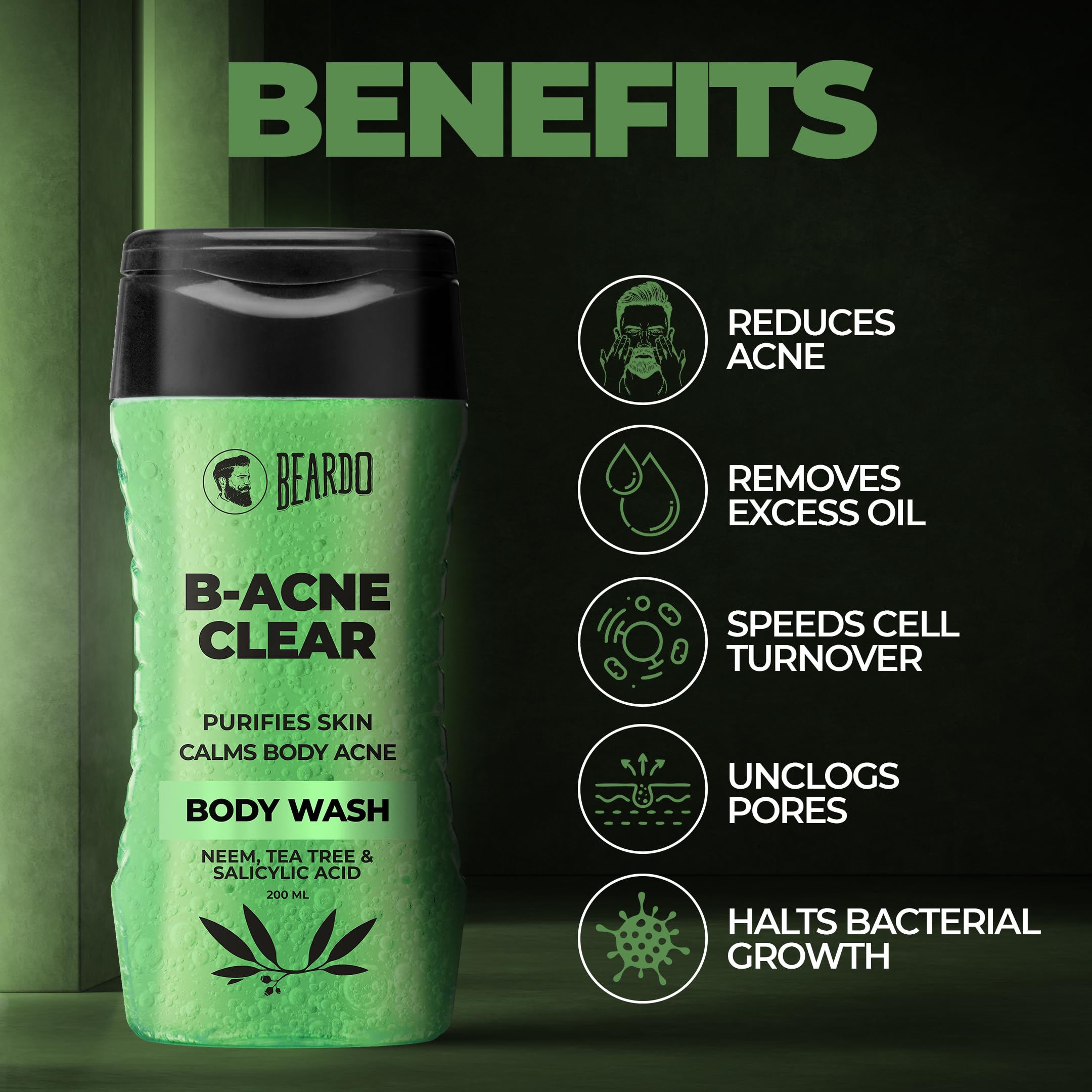 Beardo Face & Body Cleansing Combo Pack of 3 - B-acne Clear Body Wash 200ml for Body Acne Treatment, Acne Clear Foam Face Wash 100ml for Acne-Free Skin & Intimate Wash 100ml for pH Balance | Men's Grooming Kit for Daily Shower, Gym & Travel