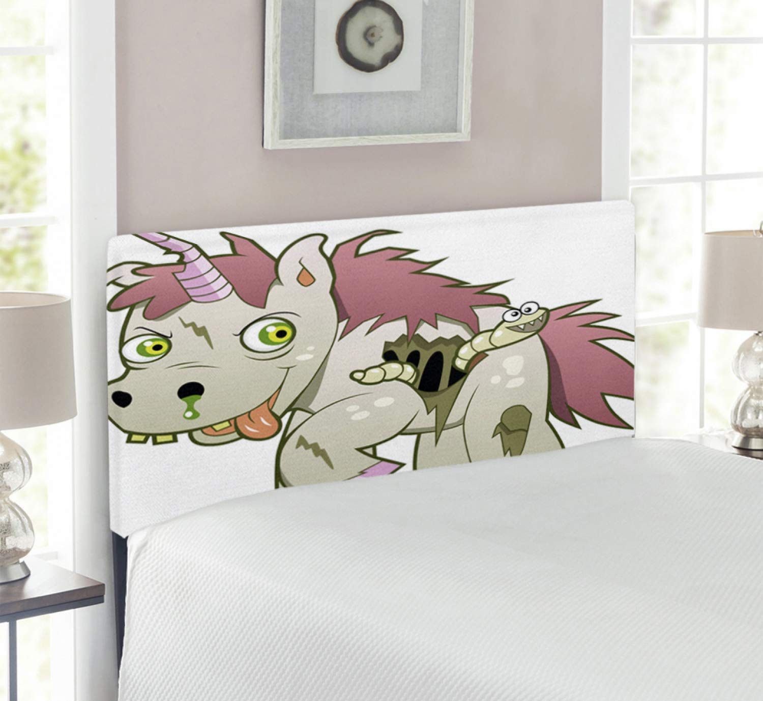 Ambesonne Zombie Headboard - Gothic Evil Unicorn Devil Face Caterpillar Myth Creature Scary Design - Upholstered Decorative Metal Bed Headboard with Memory Foam - Twin Size Green Dried Rose - Perfect for Halloween Bedroom Decor, Horror Theme Rooms & Gothic Furniture Lovers