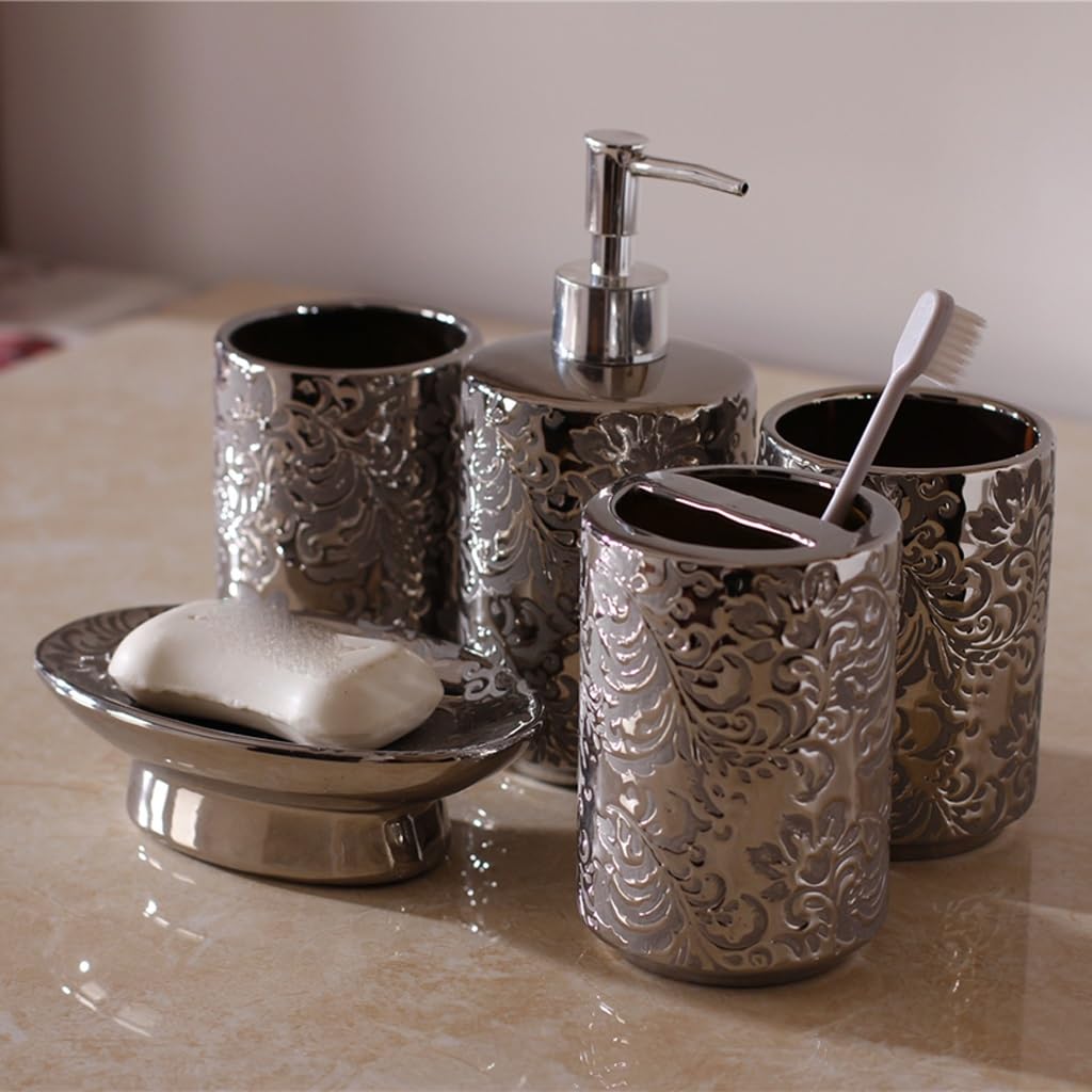 Premium Ceramic Bathroom Set - Soap Dispenser, Toothbrush Holder, Gargle Cup & Soap Dish - Elegant Toiletry Organizer for Modern Bathrooms | Perfect Housewarming Gift & Spa Decor