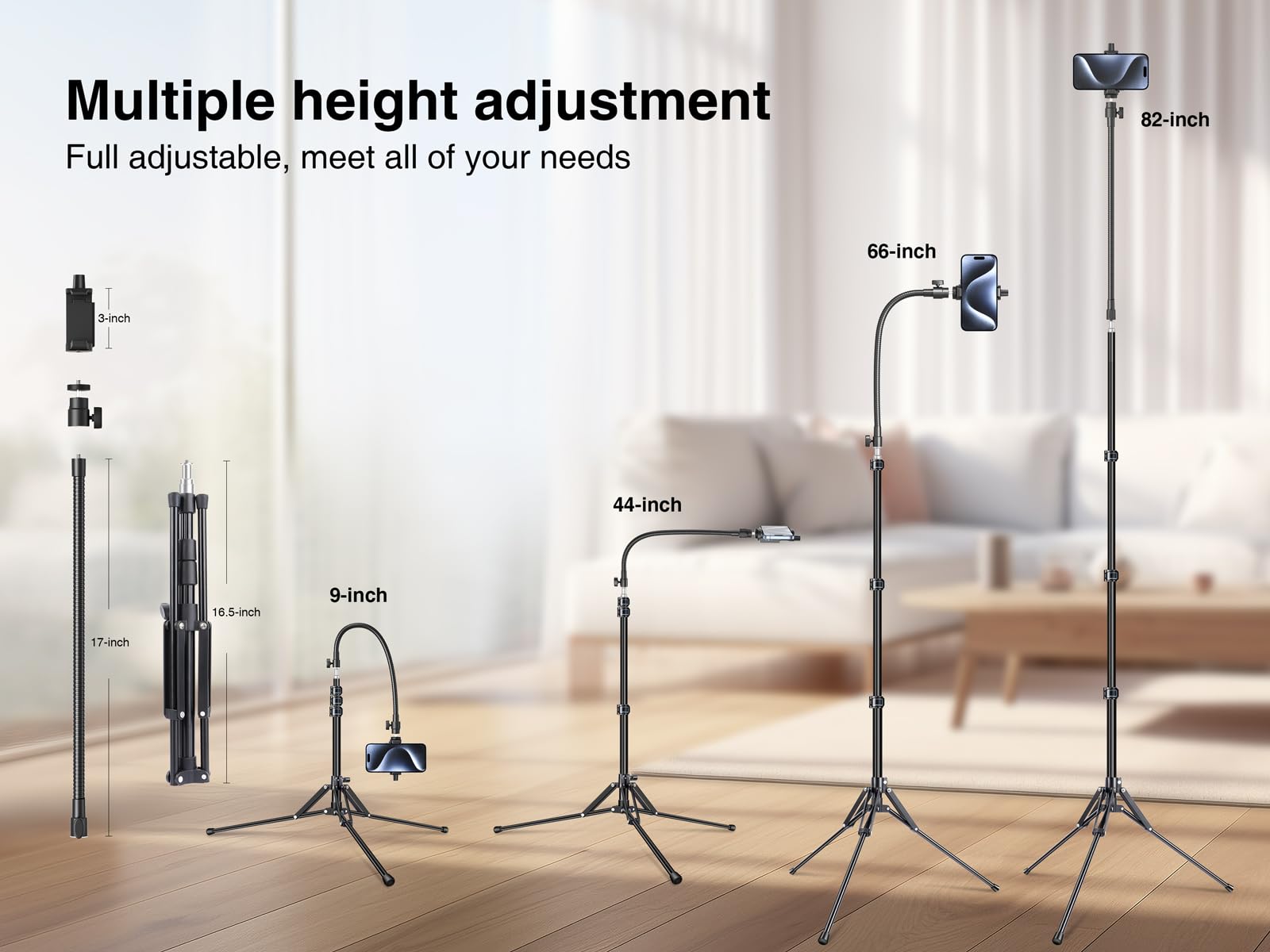 Elitehood 6.8 Feet Tall Aluminum Phone Tripod Stand - Lightweight & Ultra Stable Adjustable Phone Holder for iPhone 15 Pro Max/15 Pro/14/13 & Android Smartphones - Perfect for Vlogging, Live Streaming, Video Recording & Photography