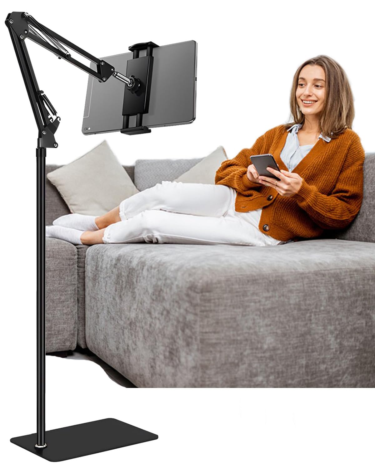 Adjustable iPad Stand with Swivel Arm for iPad Mini/Air/Pro & Phones - Home & Office Use