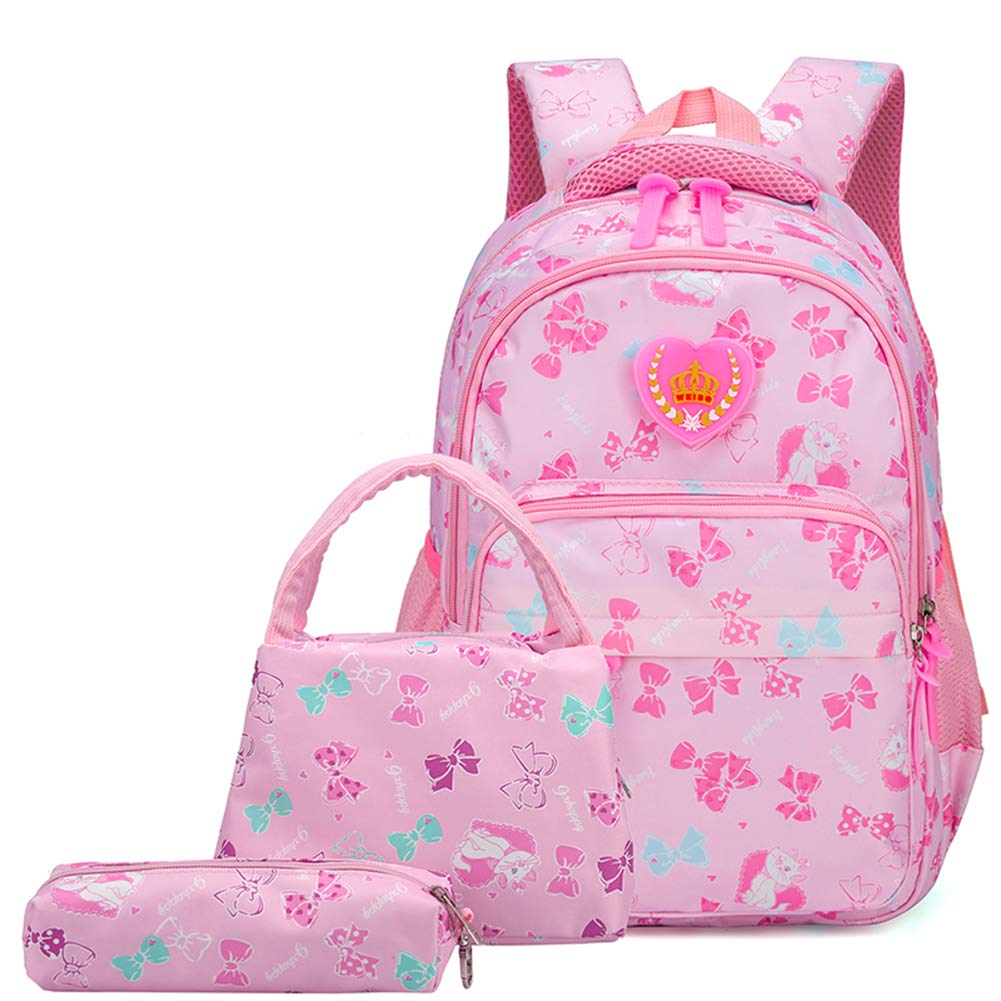 Cute Pink Bowknot Cat Backpack Set for Girls - 3-in-1 School Bag with Lunch Box & Pencil Case | Lightweight Bookbag for Elementary Students, Teen Travel & Daily Use