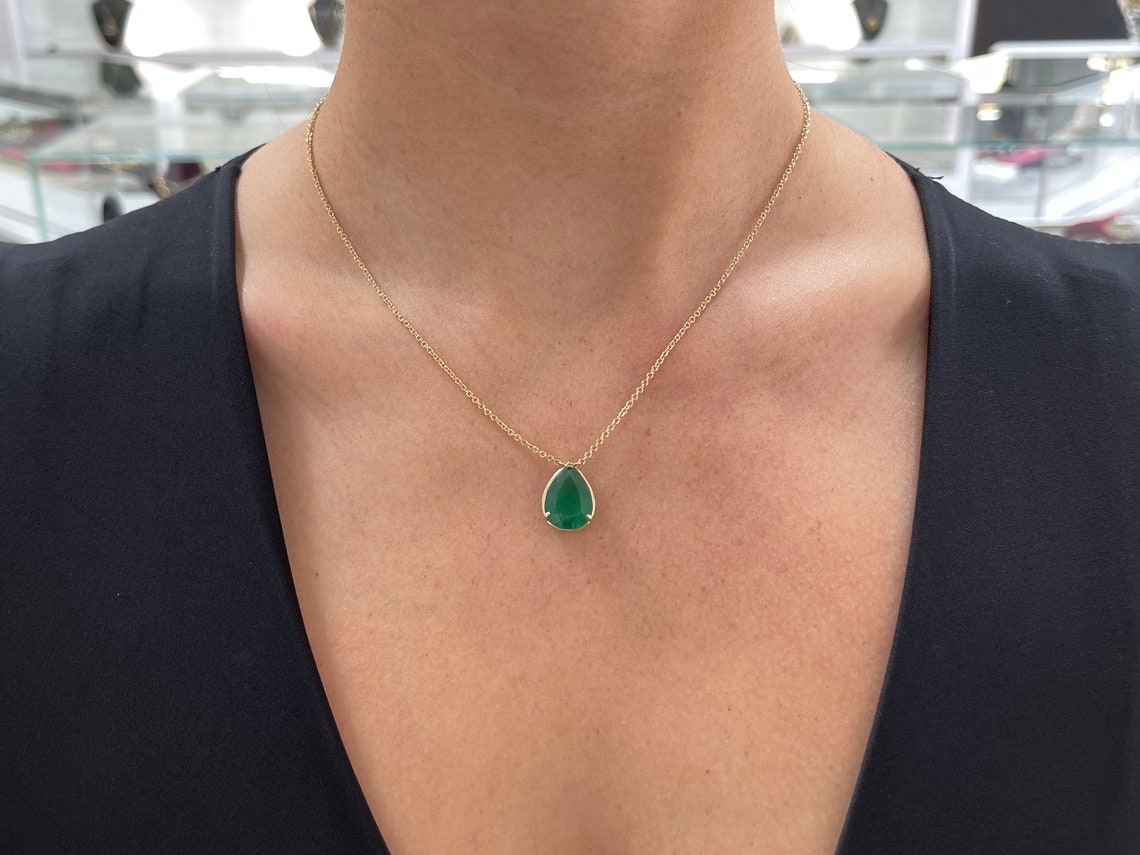 5.74 Carat 14K Gold Natural Emerald Pear Cut Solitaire Pendant Necklace with Three Prong Setting - Elegant Jewelry Gift for Women, Perfect for Weddings, Anniversaries & Special Occasions