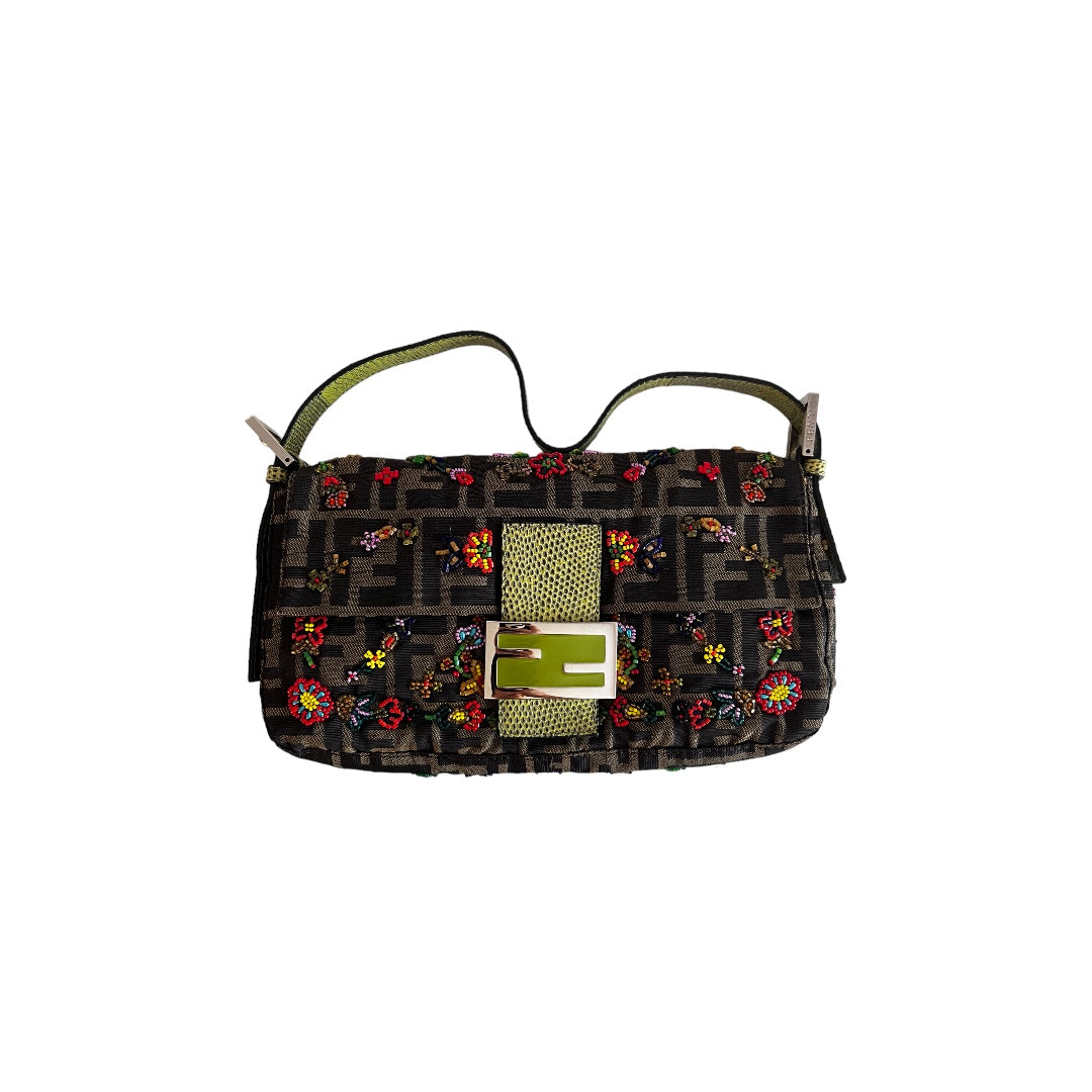 Vintage Fendi Floral Beaded Zucca Baguette Bag - Luxury Designer Crossbody Purse for Women, Perfect for Parties, Weddings & Evening Events