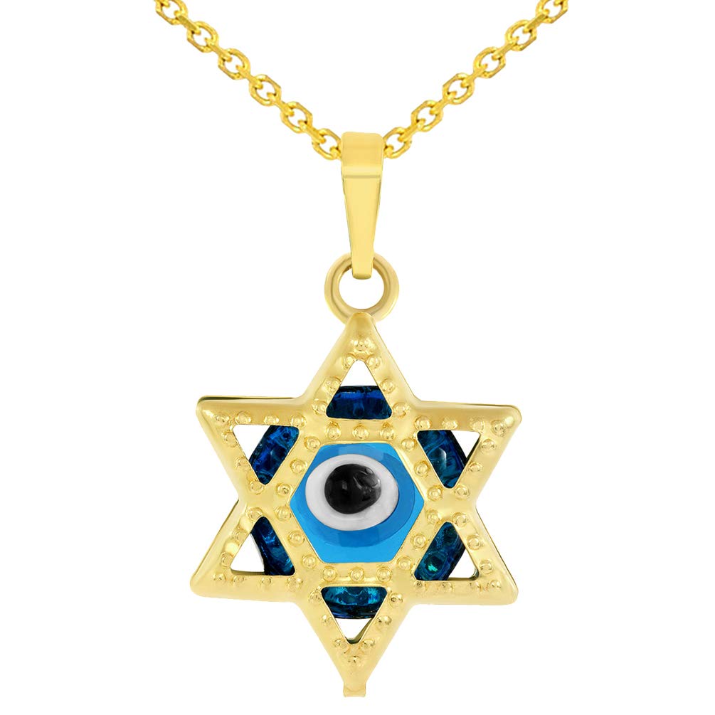 14K Yellow Gold Small Blue Evil Eye Star of David Charm Pendant Necklace for Women - Dainty Jewelry Gift for Birthday, Anniversary & Protection