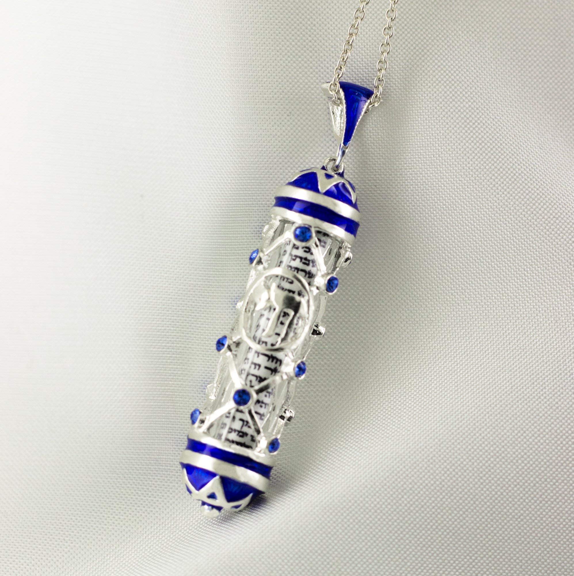 925 Sterling Silver Mezuzah Necklace with Hebrew Prayer - Chai Pendant in Blue, Jewish Jewelry Gift for Women & Men - Perfect for Hanukkah, Bar Mitzvah & Religious Occasions
