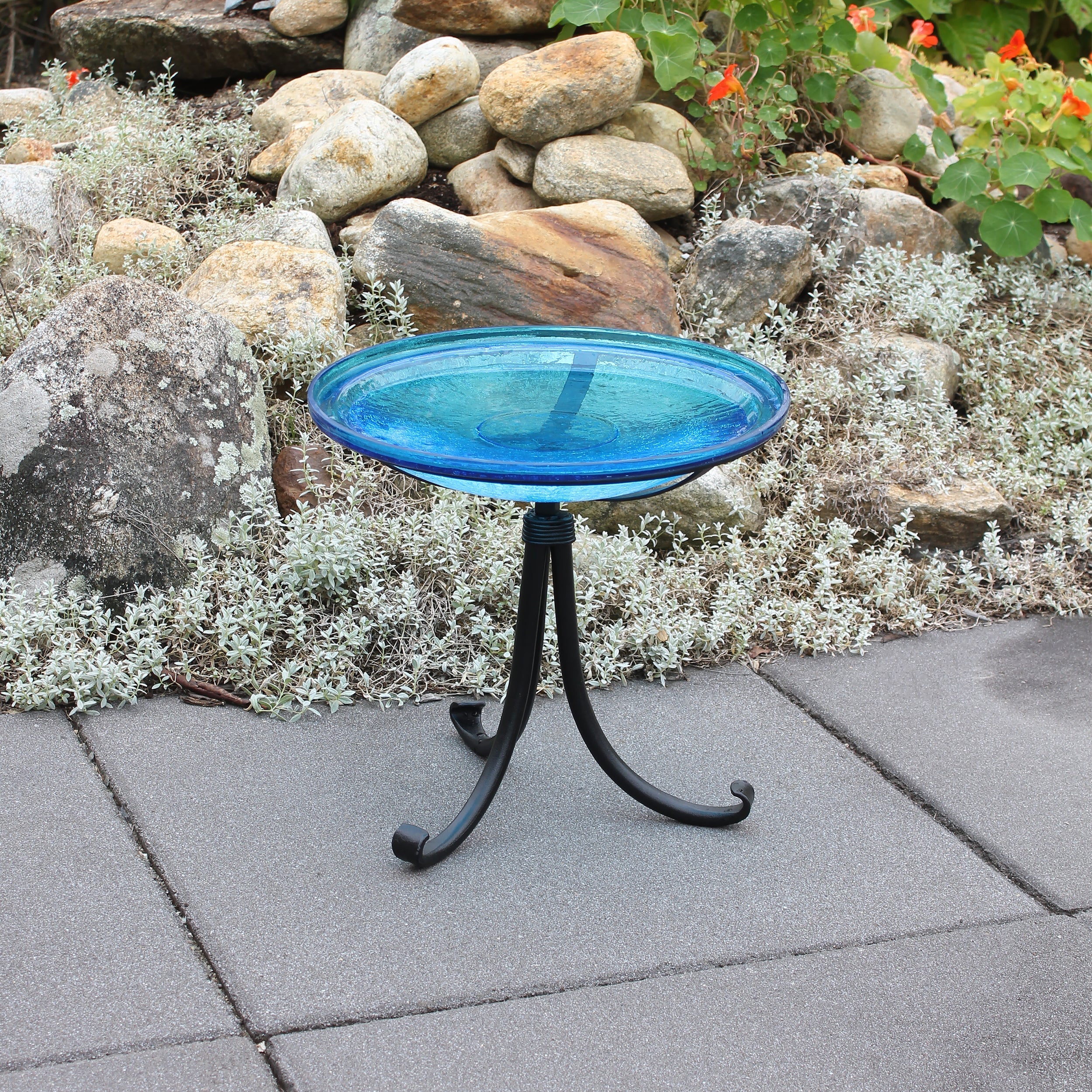 Teal Crackle Glass Birdbath Bowl for Garden Decor - Handmade Crackled Glass Bird Feeder for Outdoor Patio, Yard & Wildlife Habitat