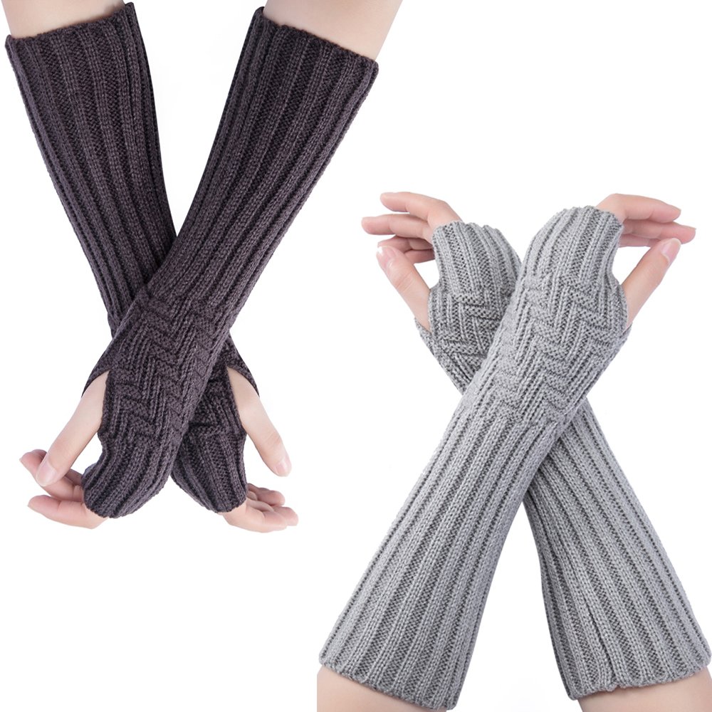 2 Pairs Women's Knit Arm Warmers Fingerless Gloves with Thumb Hole - Soft Winter Mittens for Cold Weather, Outdoor Activities & Fashion Accessories