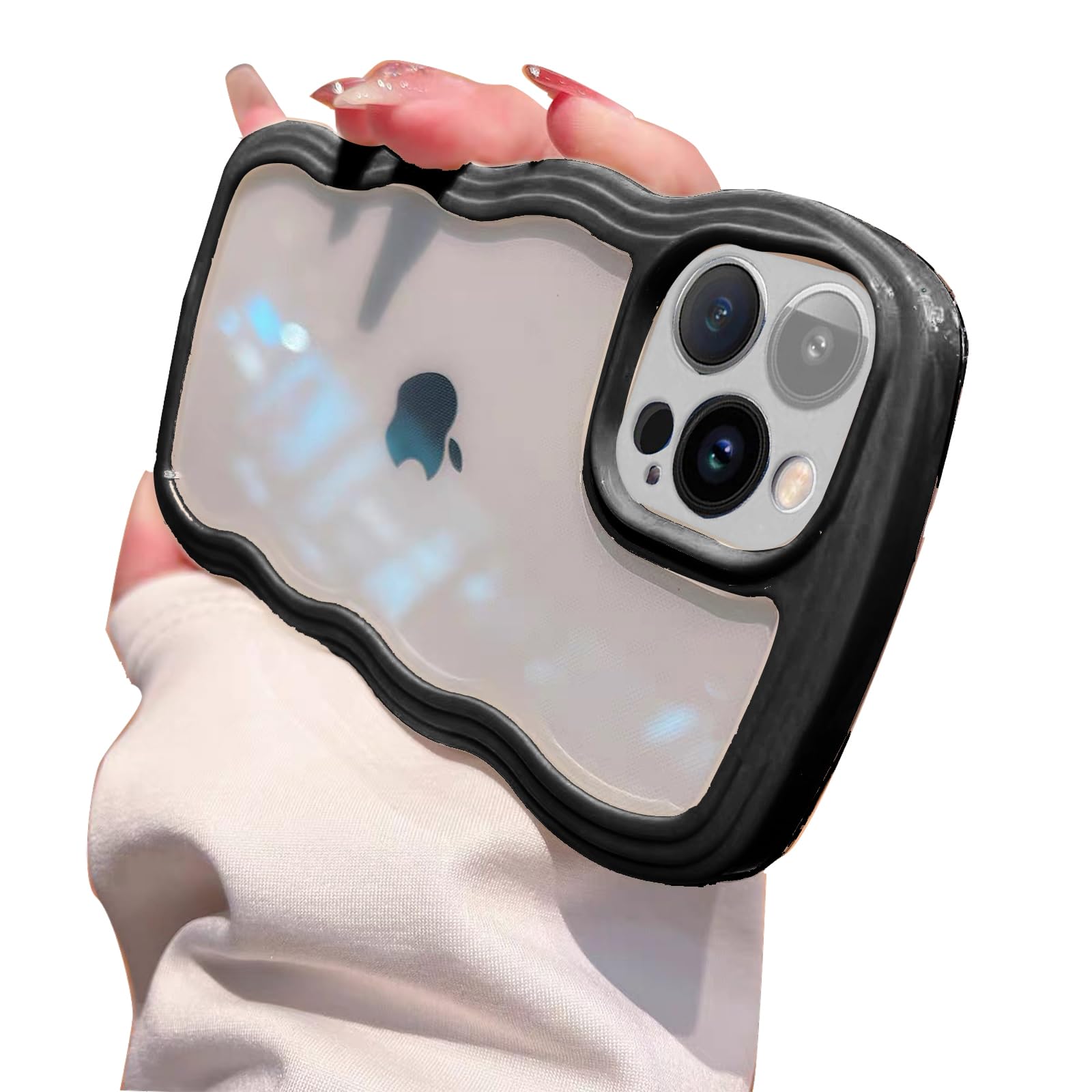 Clear Shockproof iPhone 15 Pro Case with Cute Curly Wave Frame - Soft Protective Phone Cover for Women & Girls (Black) | Perfect for Everyday Use, Travel & Gift Giving