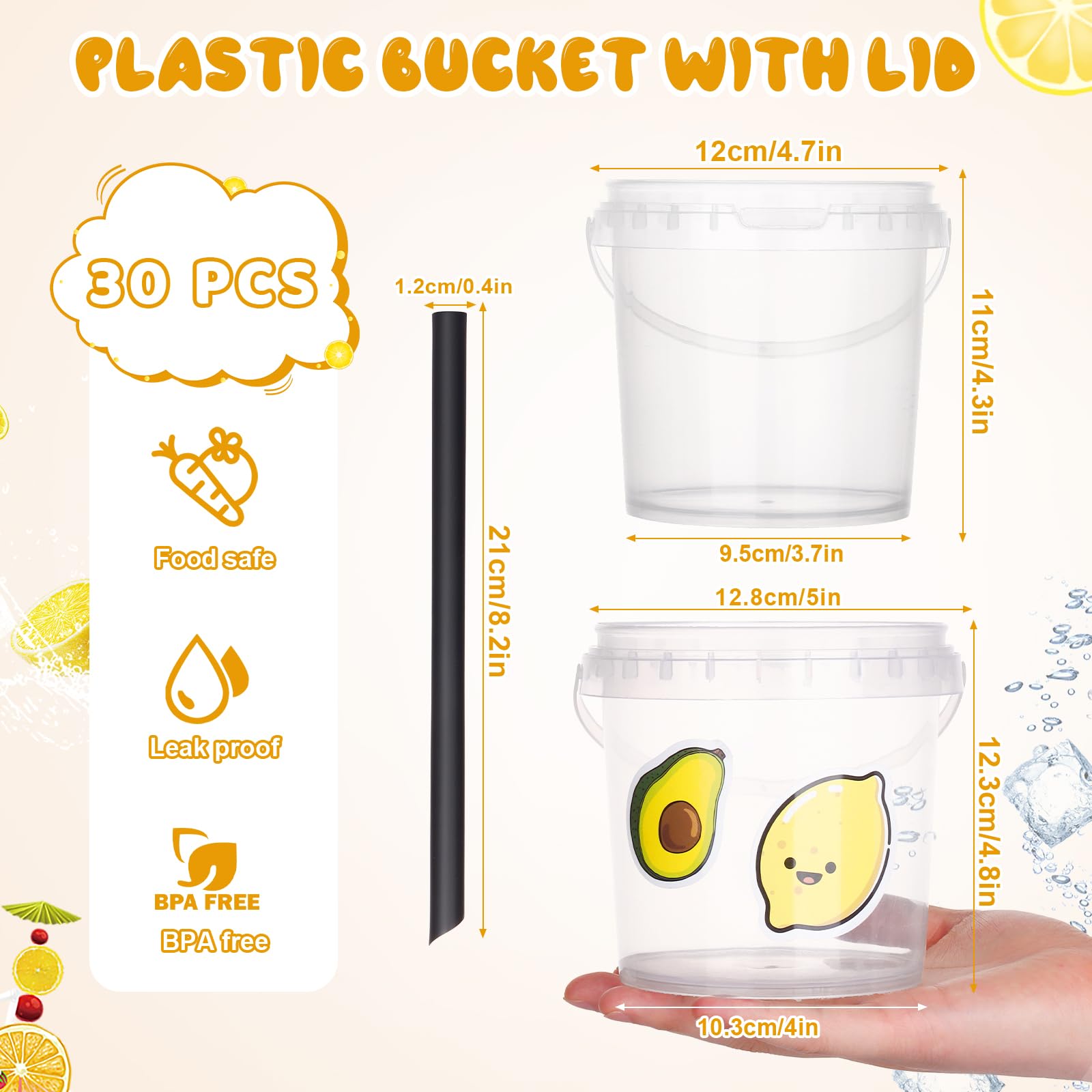 30-Pack Reusable Clear Plastic Ice Cream Buckets with Lids & Handles - 16oz Drink Containers for Parties, Cocktails, Rum Buckets - Includes 50 Summer-Themed Stickers - Perfect for Summer BBQs, Pool Parties & Frozen Dessert Storage