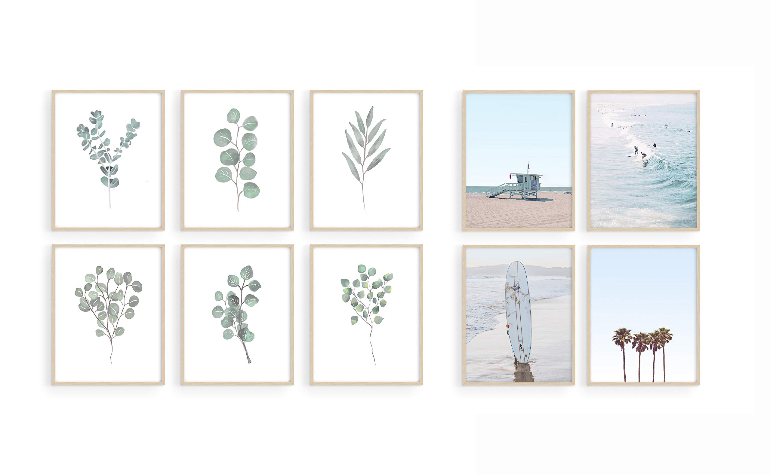 Leaf Prints and Blue Beach Prints Bundle - Tropical Themed Wall Art Decor for Living Room, Bedroom & Office - Perfect for Coastal, Boho & Nautical Home Decor Styles
