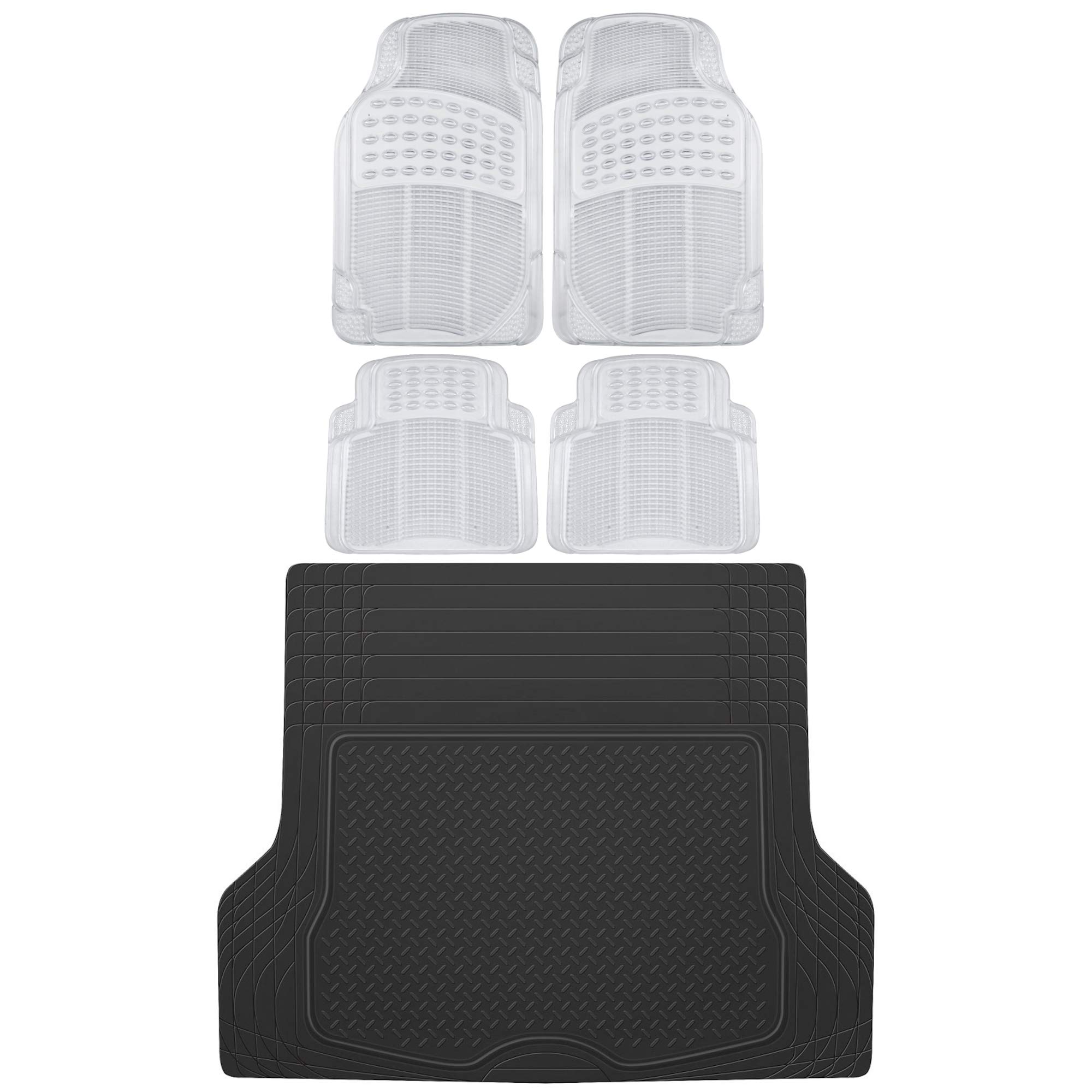 BDK OF-554 Universal All-Weather Rubber Car Floor Mats - Front & Rear Set with Trunk Liner for Sedans, SUVs & Vans | Heavy Duty Non-Slip Protection | Perfect for Daily Commute, Road Trips & Family Adventures